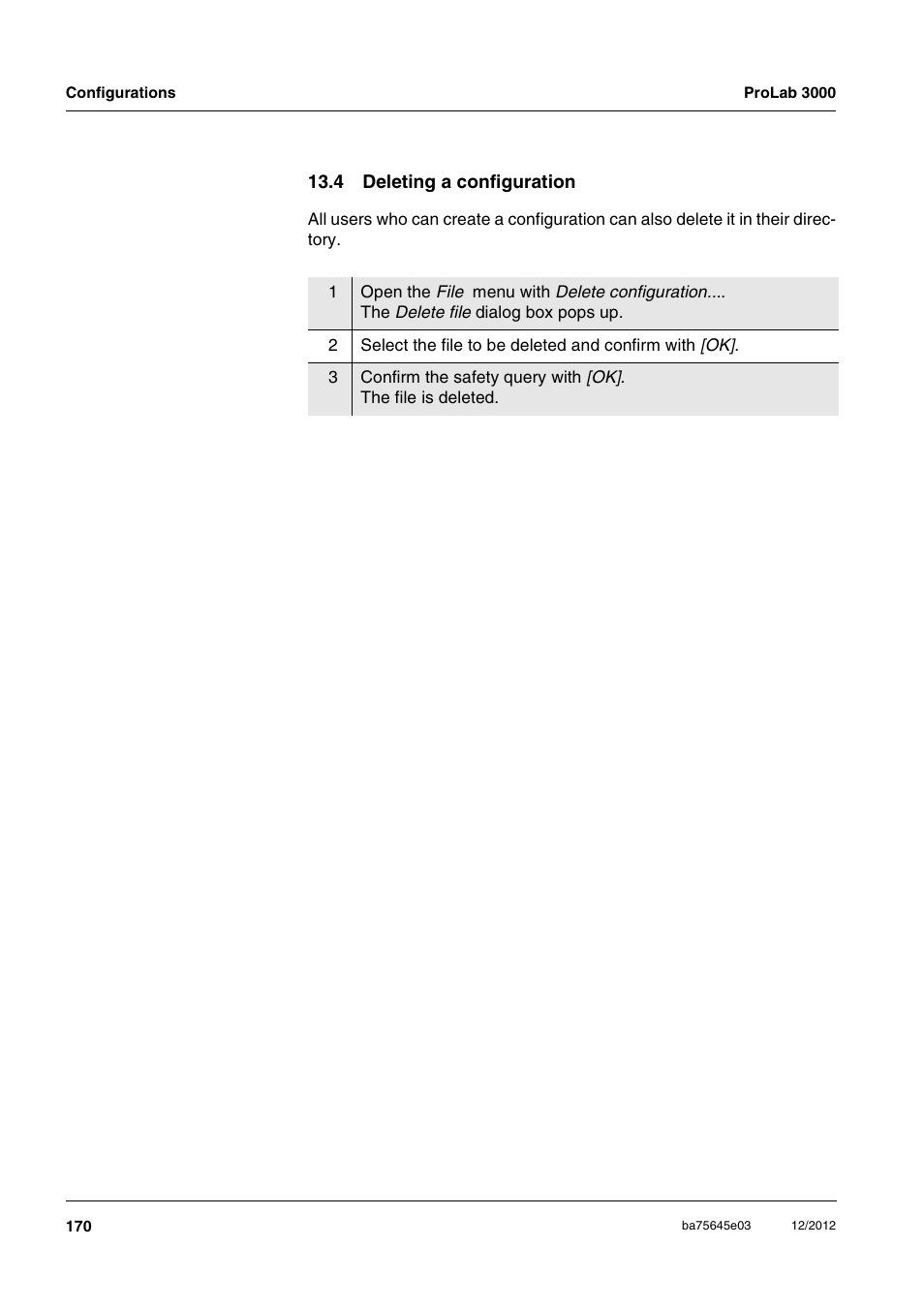 4 deleting a configuration | Xylem ProLab 3000 User Manual | Page 170 / 202