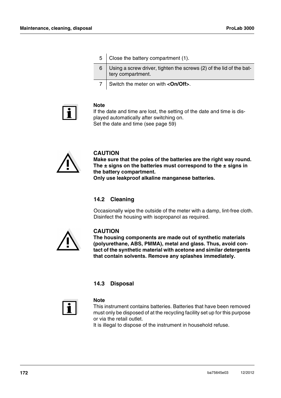 2 cleaning, 3 disposal, 2 cleaning 14.3 disposal | Xylem ProLab 3000 User Manual | Page 172 / 202