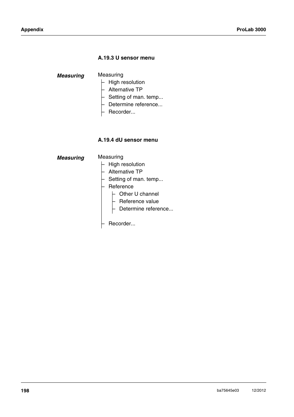 A.19.3 u sensor menu, A.19.4 du sensor menu, A.19.3 u sensor menu a.19.4 du sensor menu | Xylem ProLab 3000 User Manual | Page 198 / 202