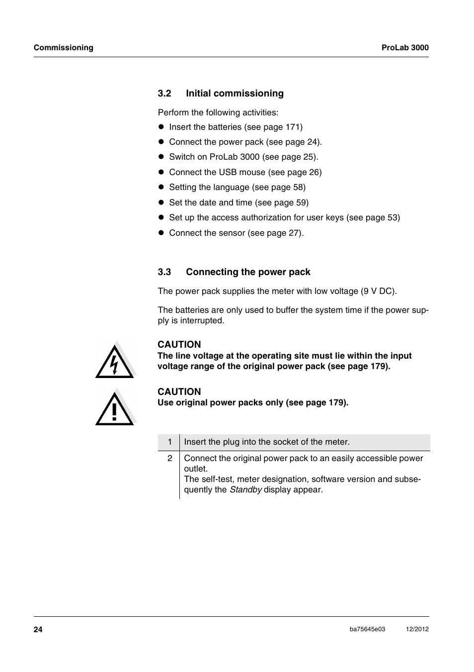 2 initial commissioning, 3 connecting the power pack, Initial commissioning | Connecting the power pack | Xylem ProLab 3000 User Manual | Page 24 / 202