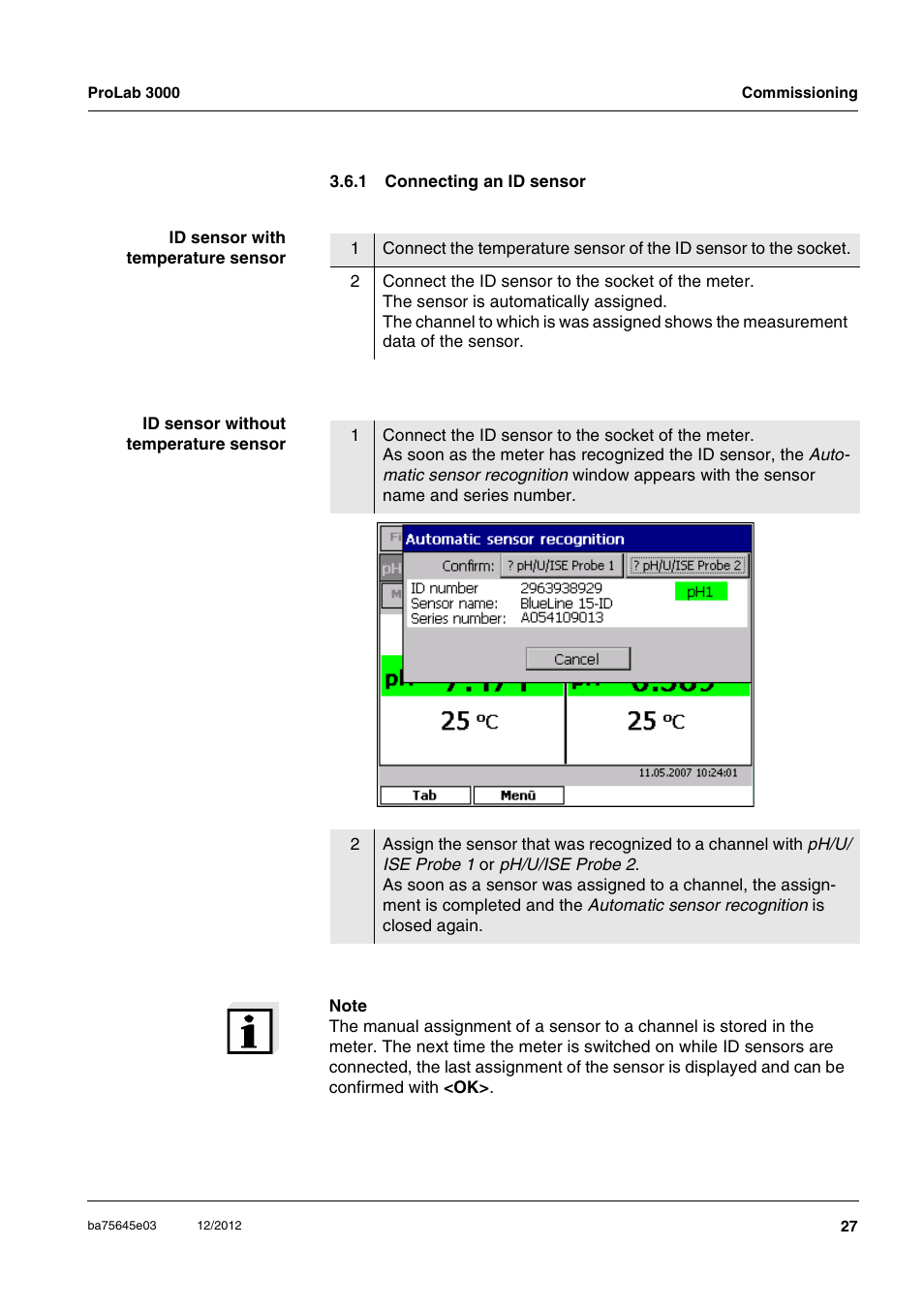 1 connecting an id sensor, Connecting an id sensor | Xylem ProLab 3000 User Manual | Page 27 / 202