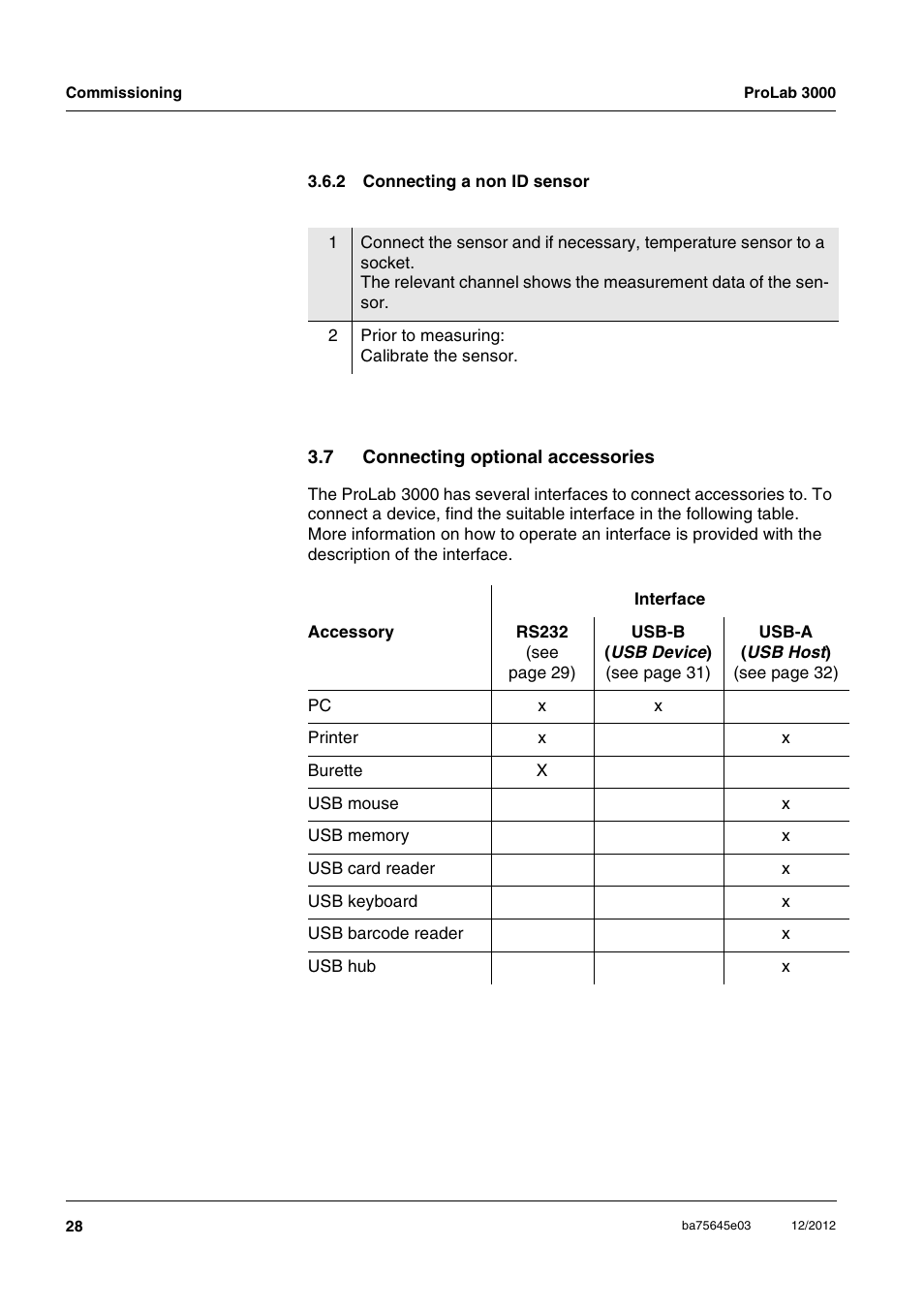 2 connecting a non id sensor, 7 connecting optional accessories, Connecting a non id sensor | Connecting optional accessories | Xylem ProLab 3000 User Manual | Page 28 / 202