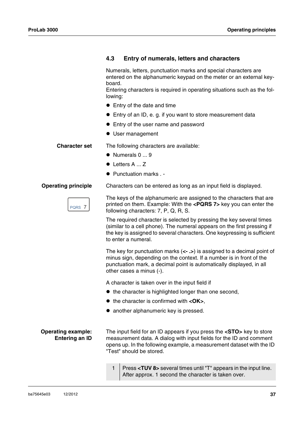 3 entry of numerals, letters and characters, Entry of numerals, letters and characters | Xylem ProLab 3000 User Manual | Page 37 / 202
