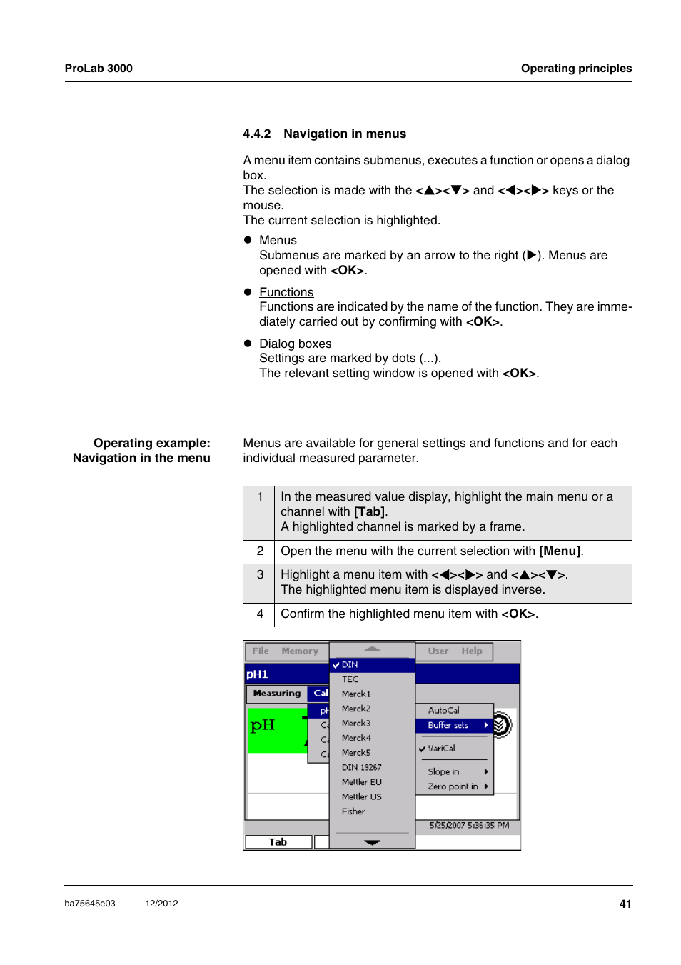 2 navigation in menus, Navigation in menus | Xylem ProLab 3000 User Manual | Page 41 / 202