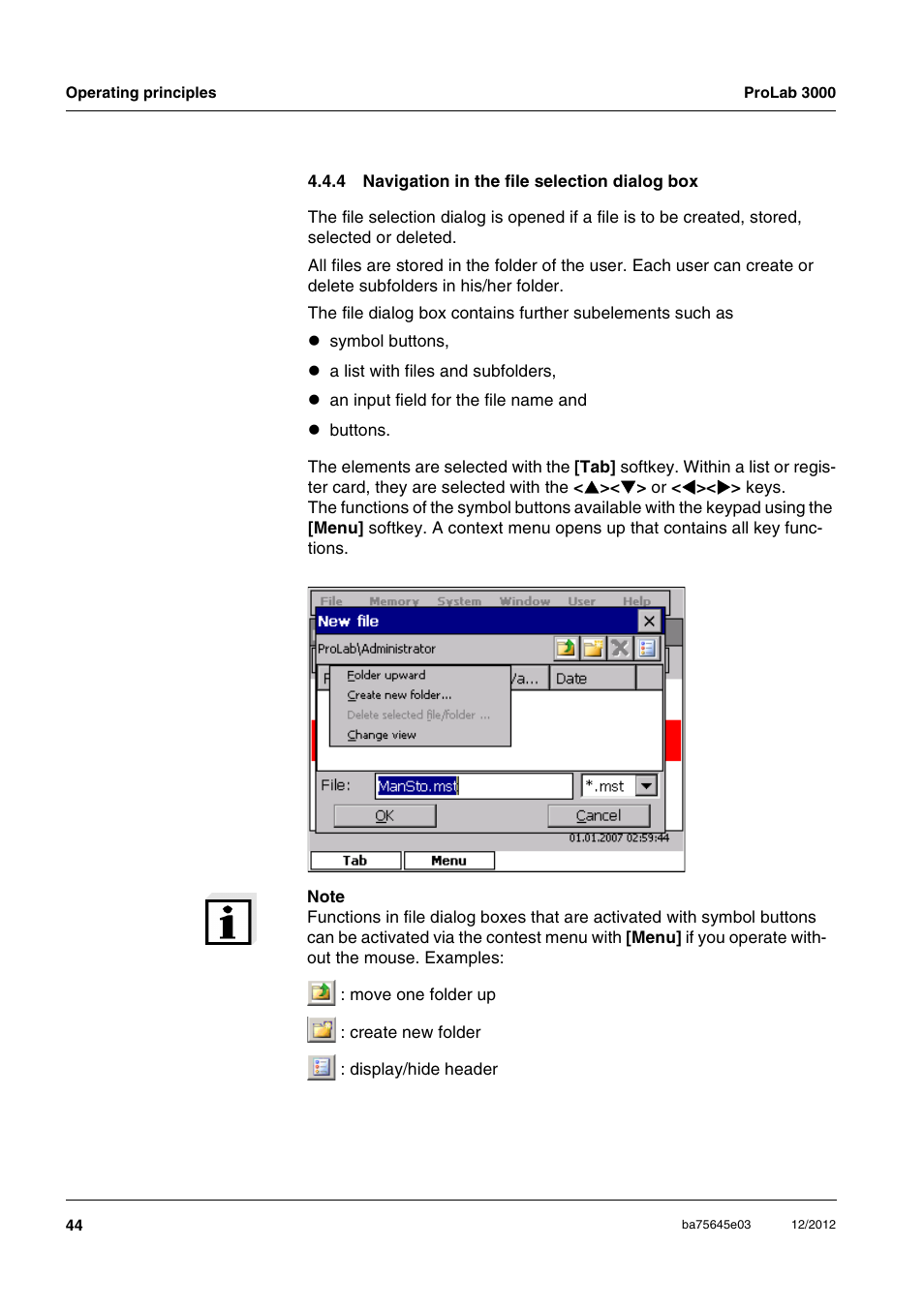 4 navigation in the file selection dialog box, Navigation in the file selection dialog box | Xylem ProLab 3000 User Manual | Page 44 / 202