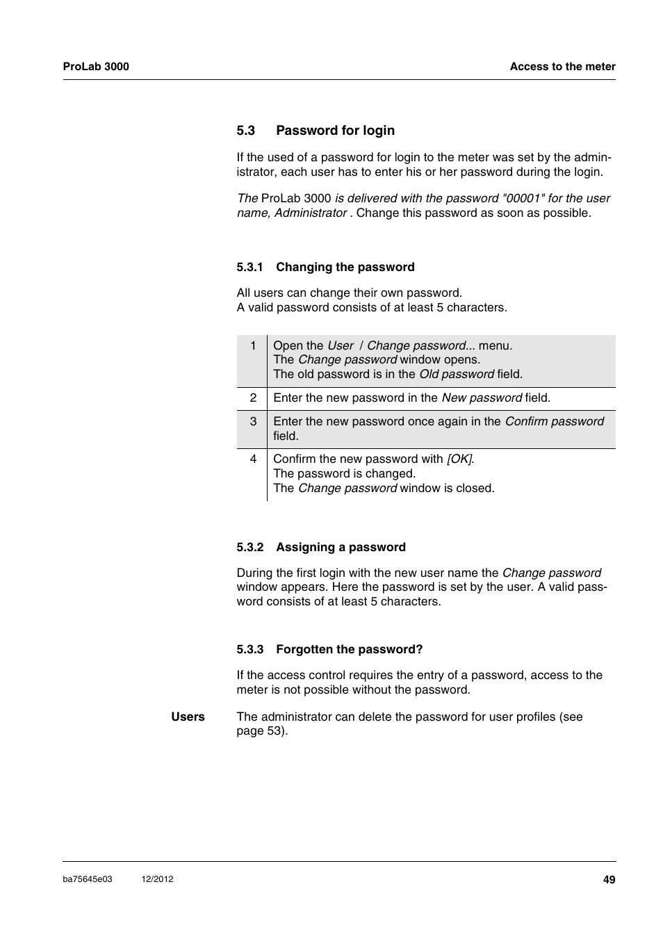 3 password for login, 1 changing the password, 2 assigning a password | 3 forgotten the password, Password for login 5.3.1, Changing the password, Assigning a password, Forgotten the password | Xylem ProLab 3000 User Manual | Page 49 / 202