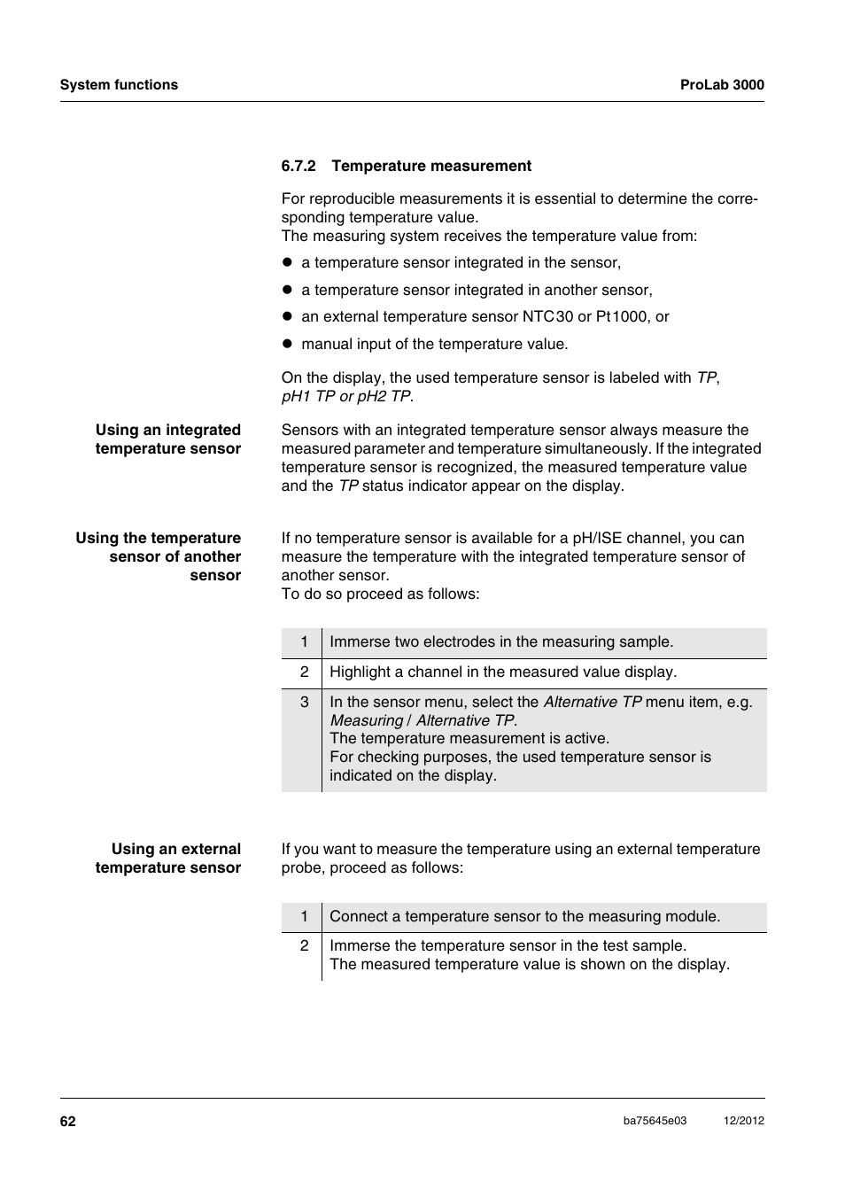 2 temperature measurement, Temperature measurement | Xylem ProLab 3000 User Manual | Page 62 / 202