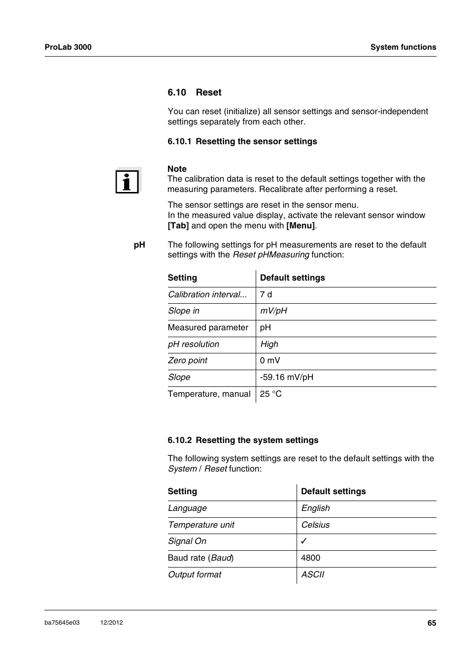 10 reset, 1 resetting the sensor settings, 2 resetting the system settings | Xylem ProLab 3000 User Manual | Page 65 / 202