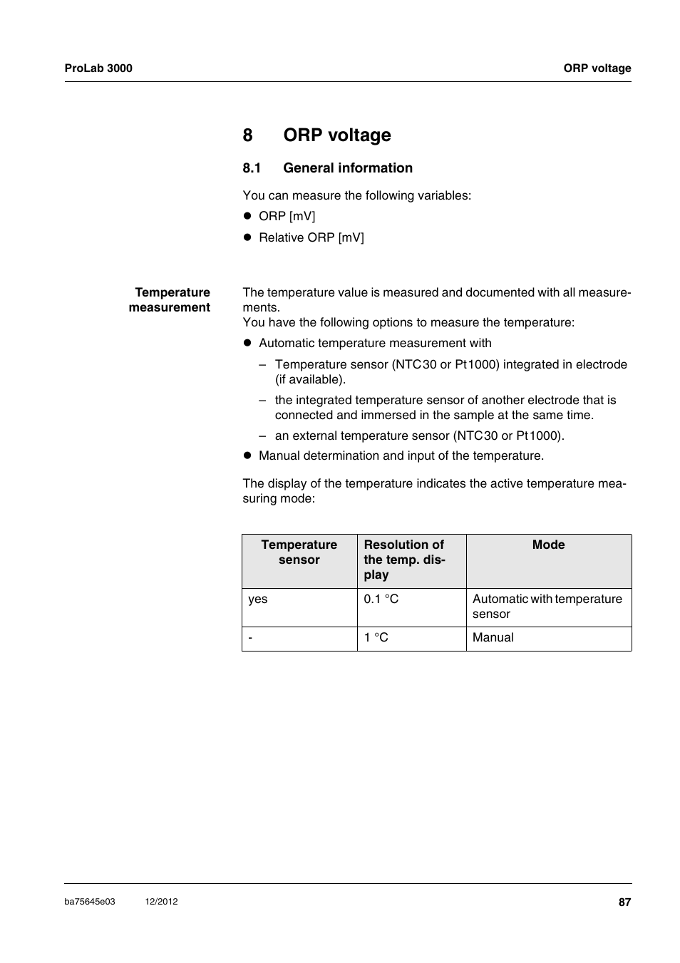 8 orp voltage, 1 general information, Orp voltage | General information, 8orp voltage | Xylem ProLab 3000 User Manual | Page 87 / 202