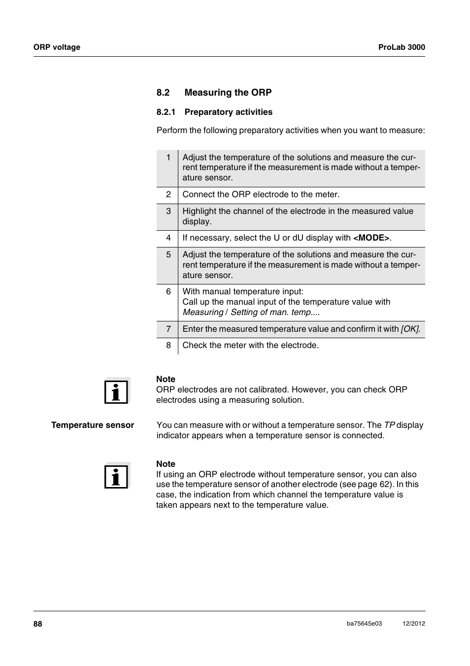 2 measuring the orp, 1 preparatory activities, Measuring the orp 8.2.1 | Preparatory activities | Xylem ProLab 3000 User Manual | Page 88 / 202