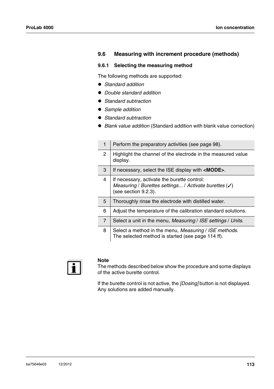 6 measuring with increment procedure (methods), 1 selecting the measuring method, Measuring with increment procedure (methods) 9.6.1 | Selecting the measuring method | Xylem ProLab 4000 User Manual | Page 113 / 228