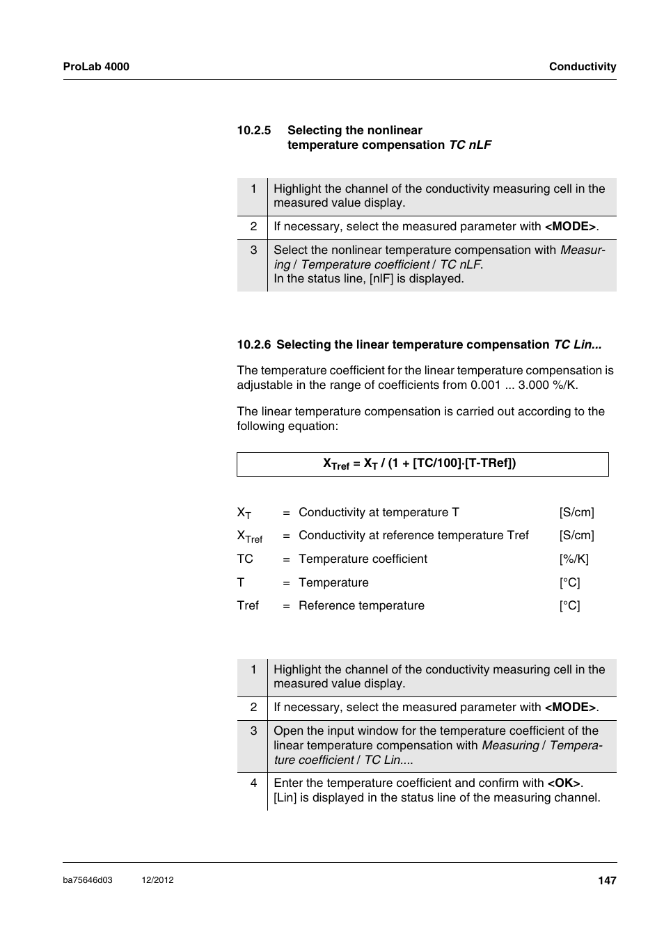 5 selecting the nonlinear, Temperature compensation tc, 6 selecting the linear | Xylem ProLab 4000 User Manual | Page 147 / 228