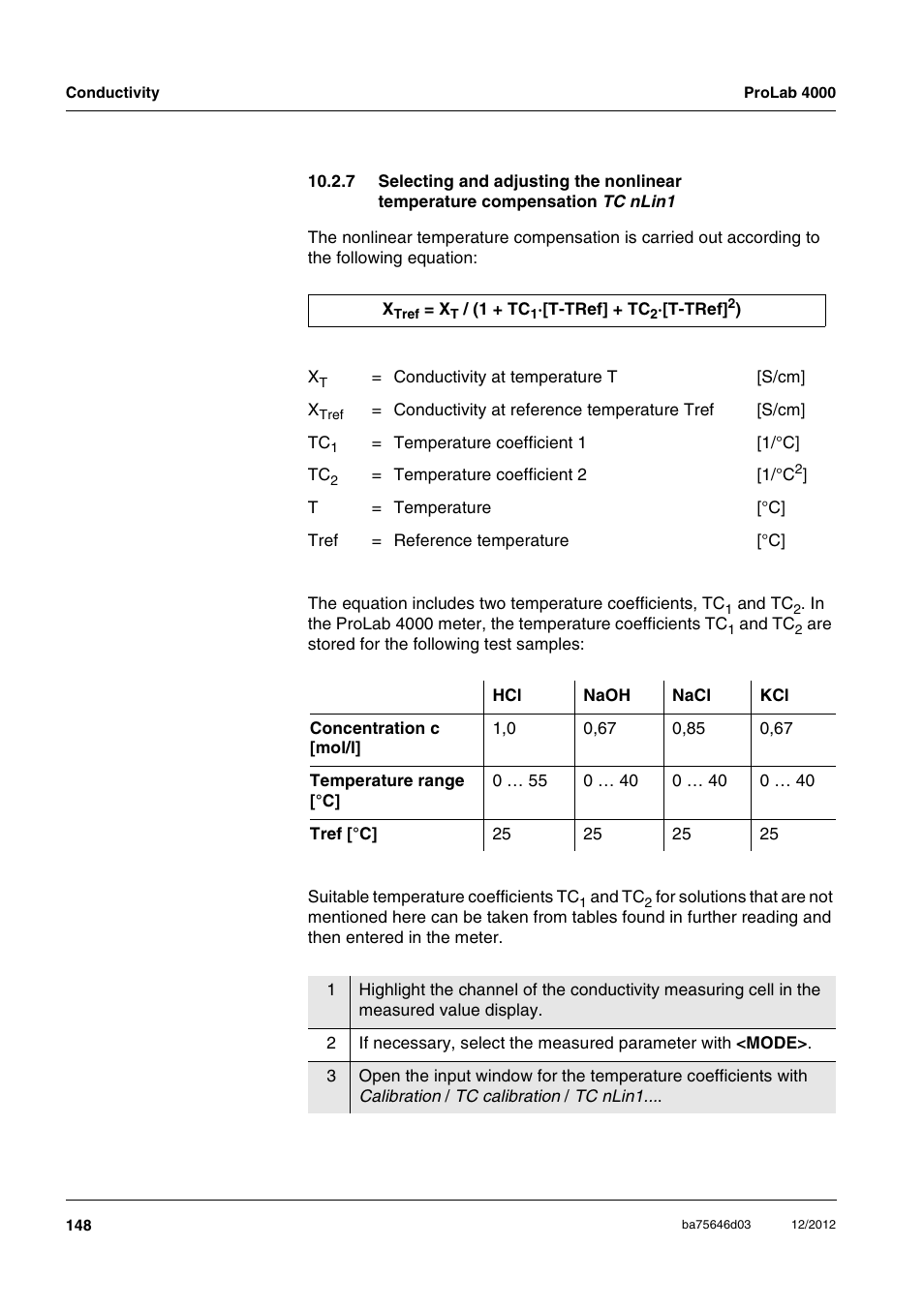 7 selecting and adjusting the nonlinear, Temperature compensation tc | Xylem ProLab 4000 User Manual | Page 148 / 228