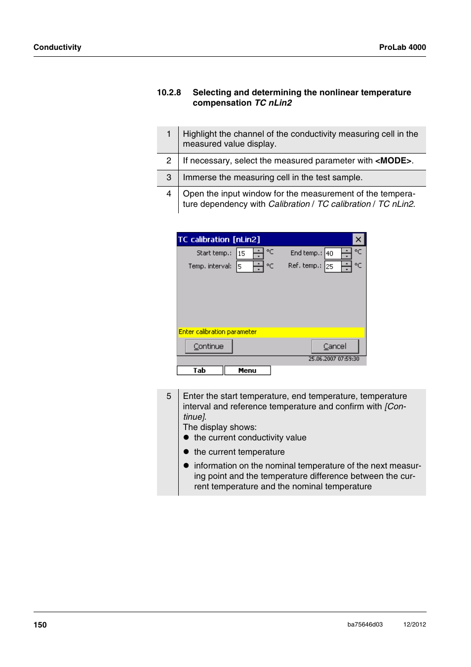 8 selecting and determining the nonlinear, Temperature compensation tc nli | Xylem ProLab 4000 User Manual | Page 150 / 228