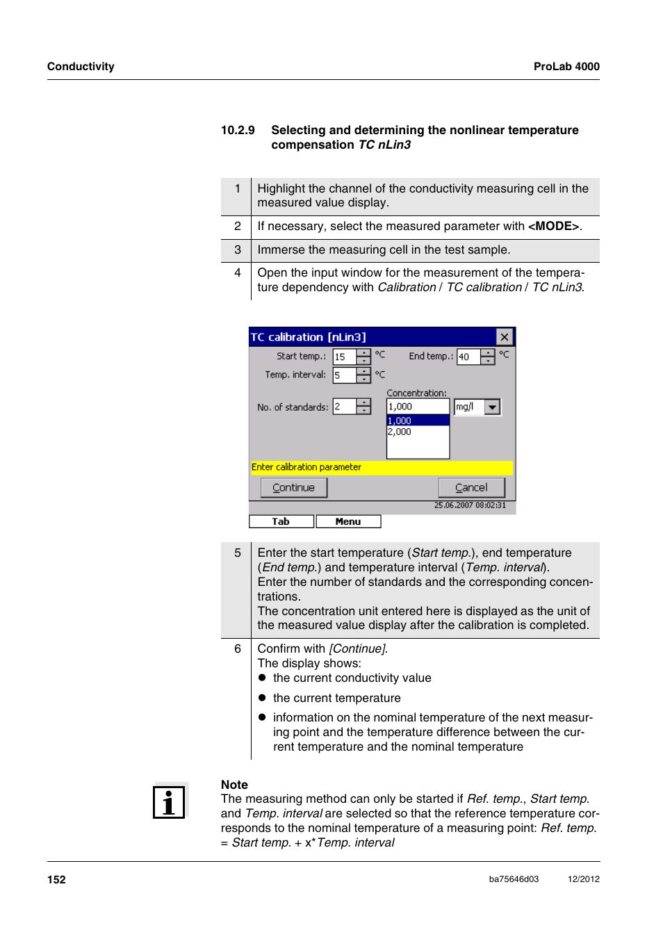 9 selecting and determining the nonlinear, Temperature compensation tc nli | Xylem ProLab 4000 User Manual | Page 152 / 228