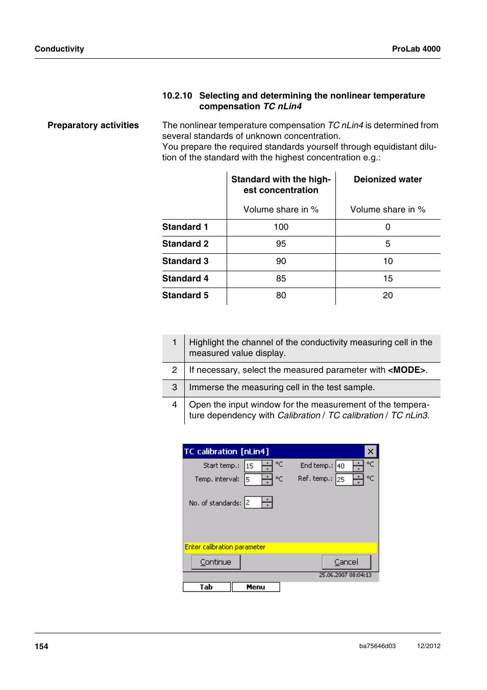 10 selecting and determining the nonlinear, Temperature compensation tc nli | Xylem ProLab 4000 User Manual | Page 154 / 228