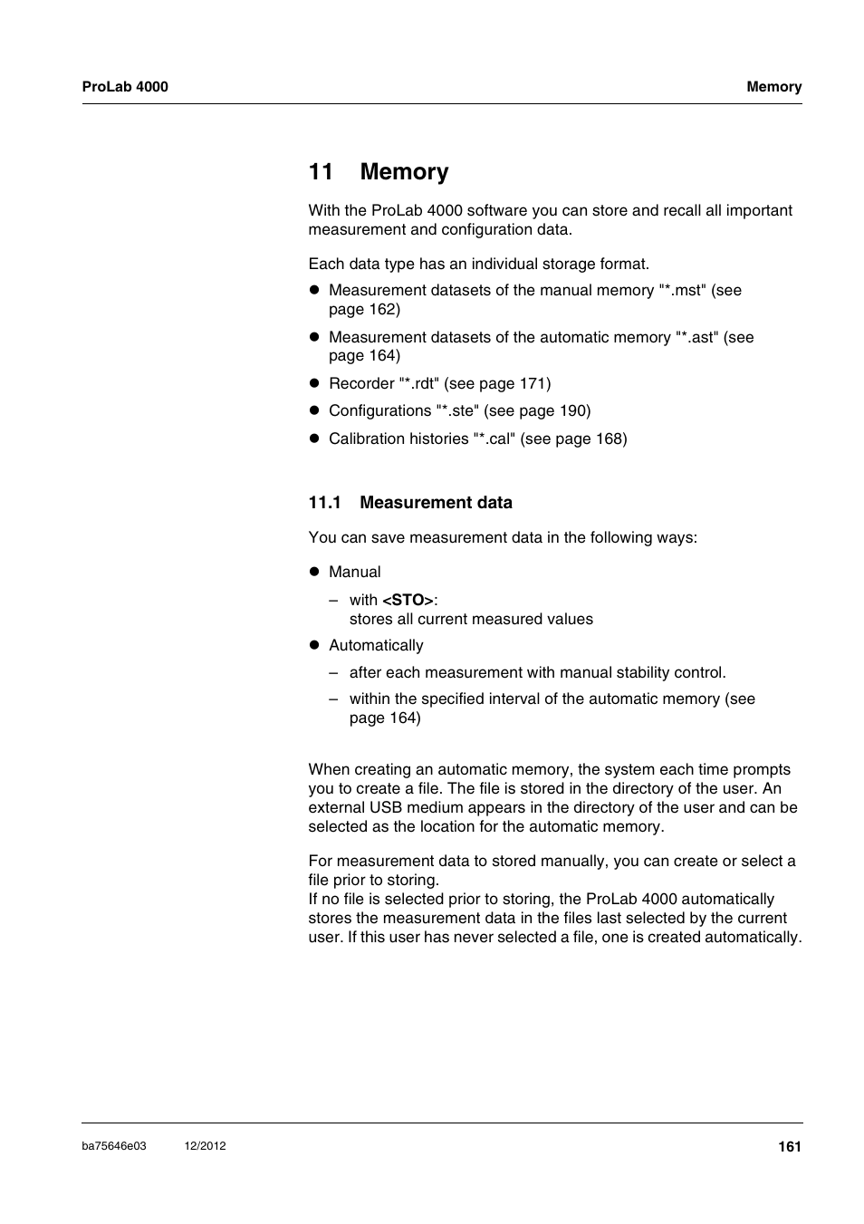 11 memory, 1 measurement data, Chapter 11 m | Emory | Xylem ProLab 4000 User Manual | Page 161 / 228