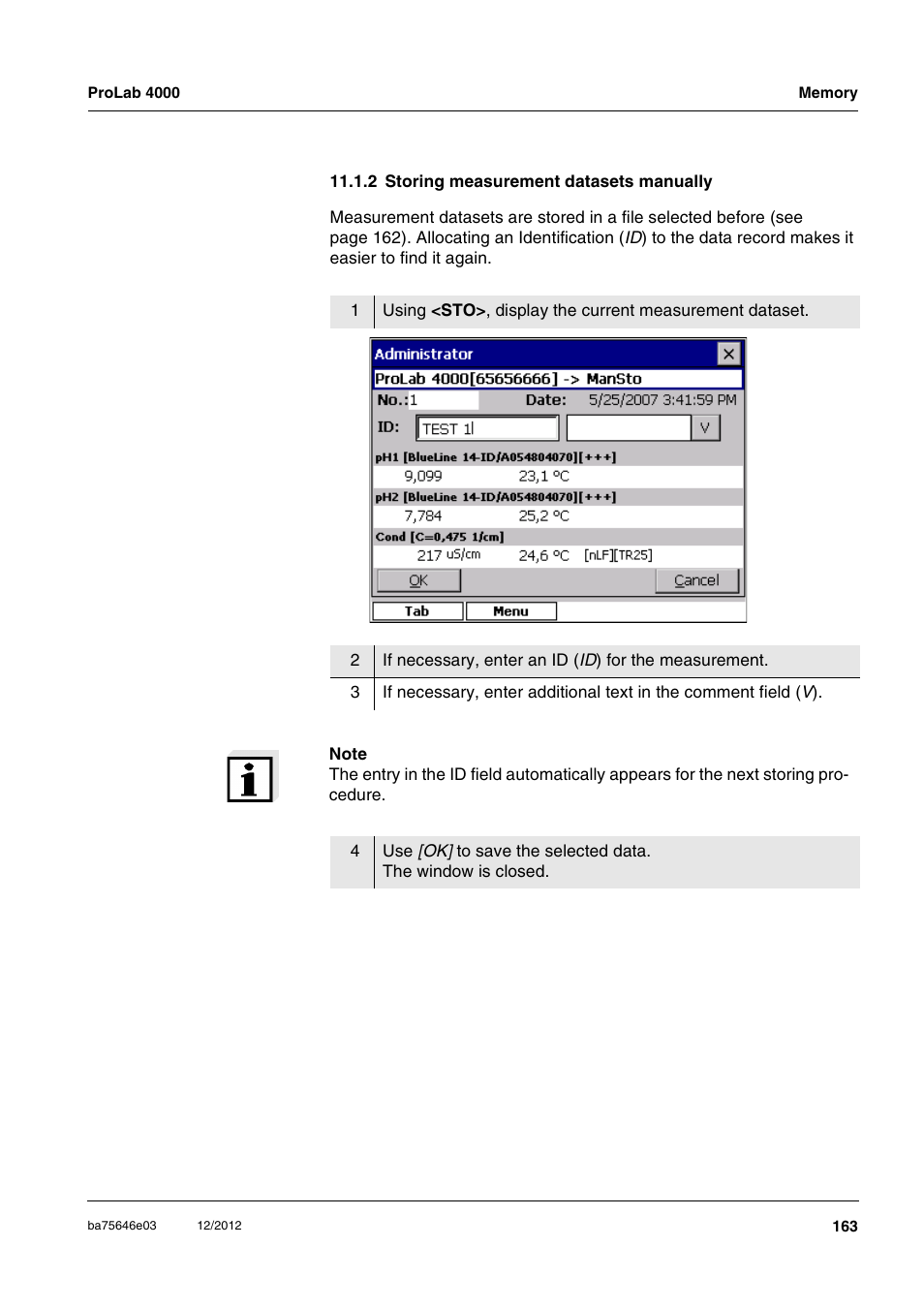 2 storing measurement datasets manually | Xylem ProLab 4000 User Manual | Page 163 / 228