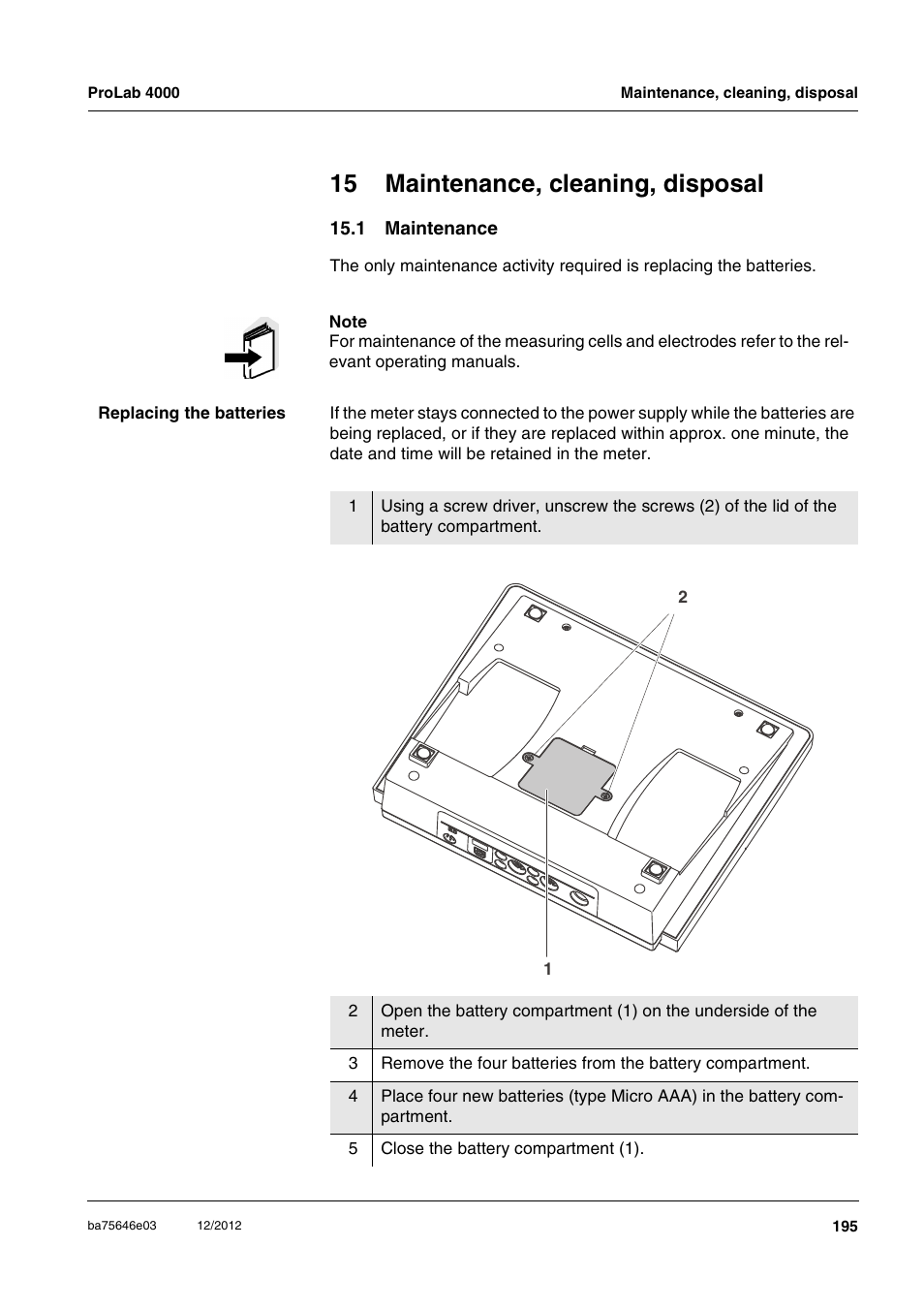 15 maintenance, cleaning, disposal, 1 maintenance | Xylem ProLab 4000 User Manual | Page 195 / 228