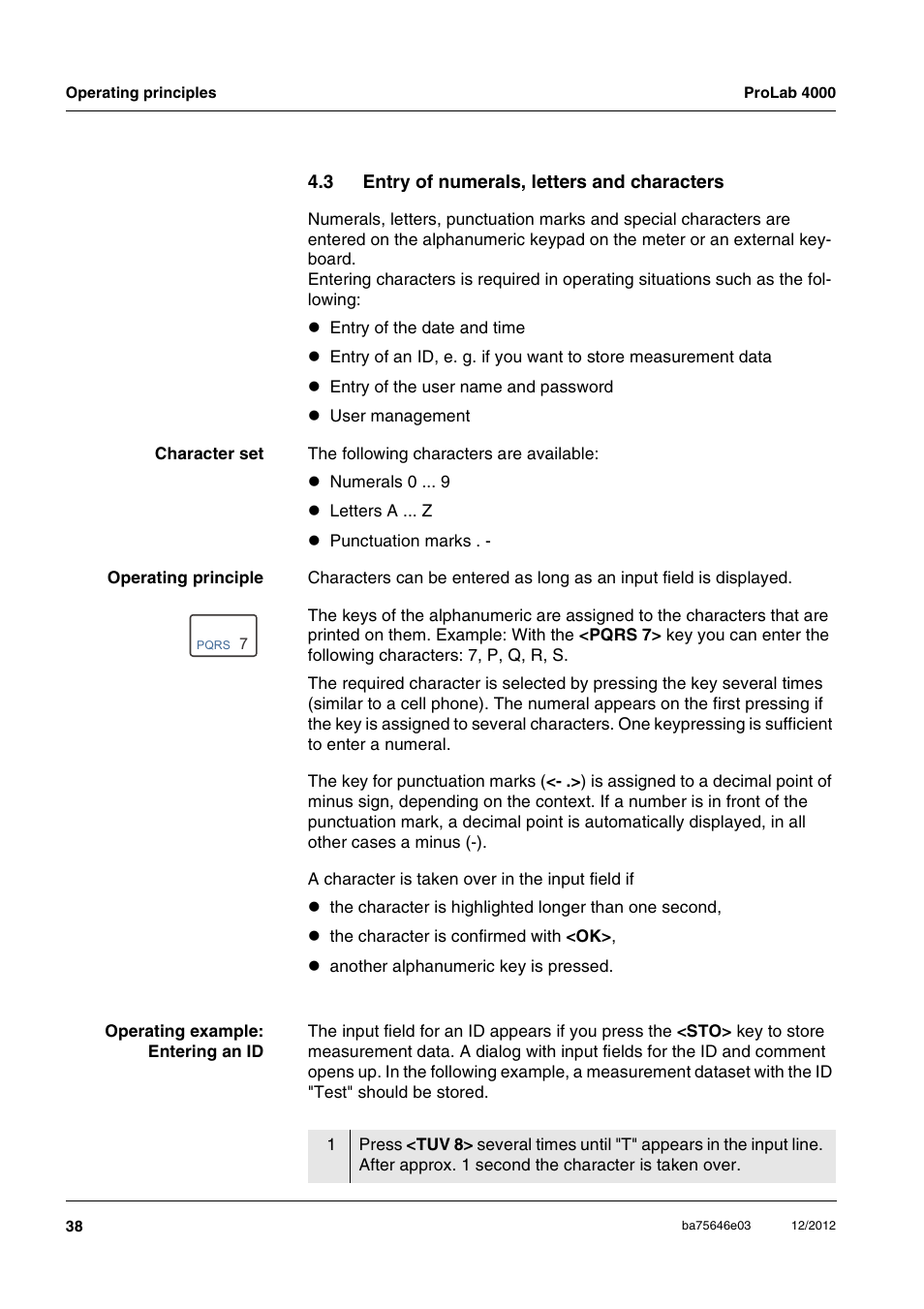 3 entry of numerals, letters and characters, Entry of numerals, letters and characters | Xylem ProLab 4000 User Manual | Page 38 / 228