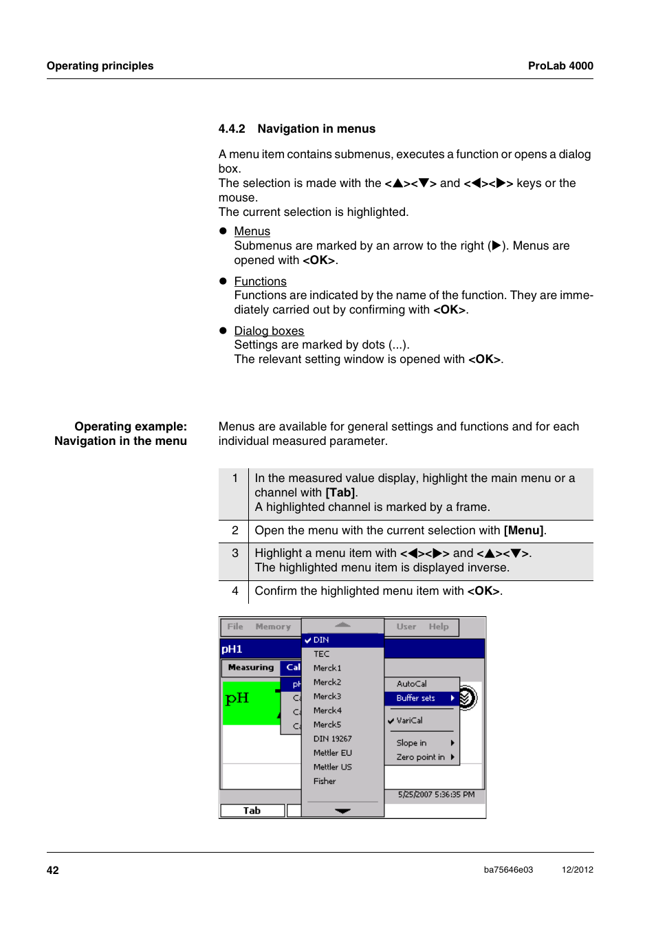 2 navigation in menus, Navigation in menus | Xylem ProLab 4000 User Manual | Page 42 / 228