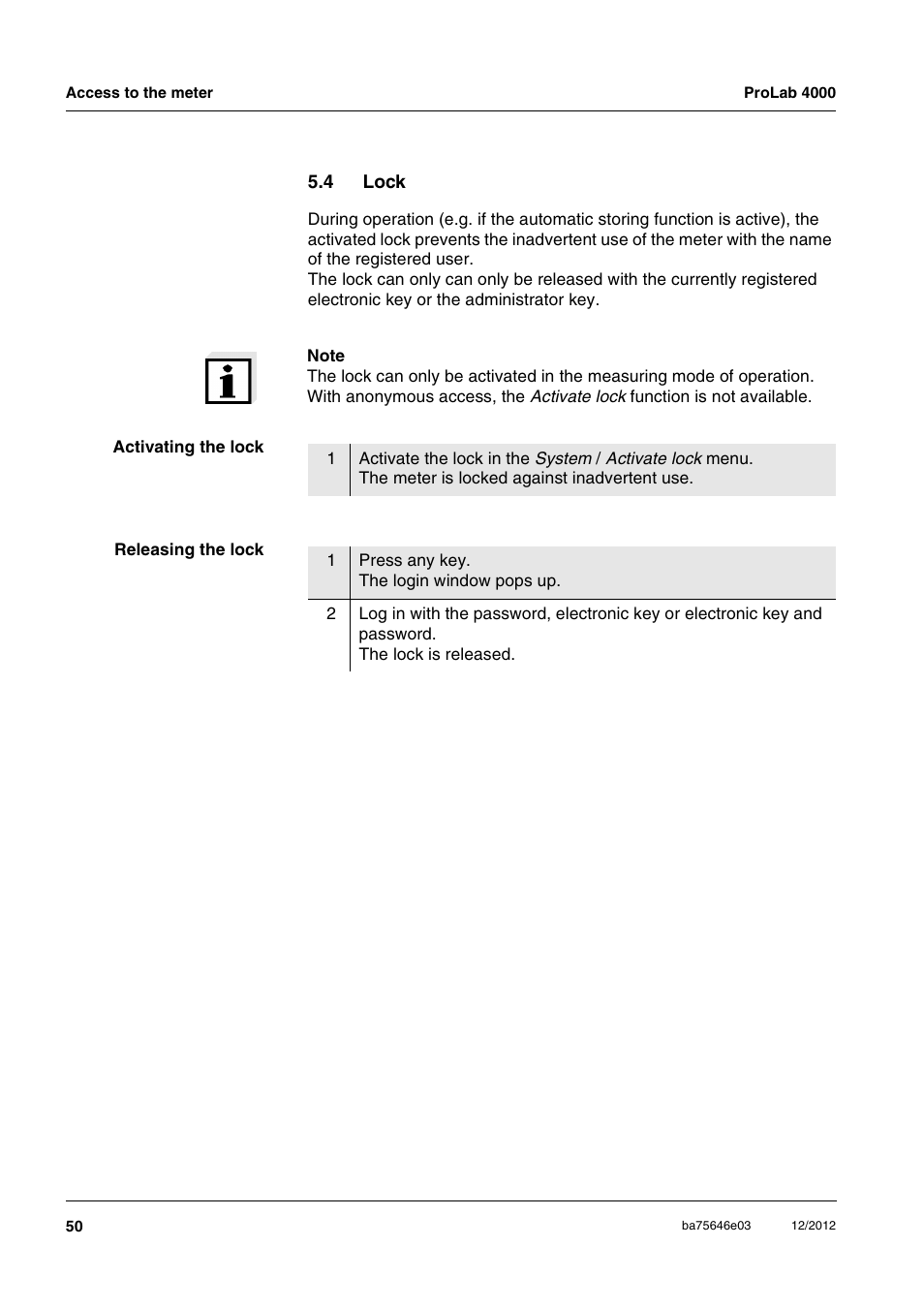 4 lock, Lock | Xylem ProLab 4000 User Manual | Page 50 / 228