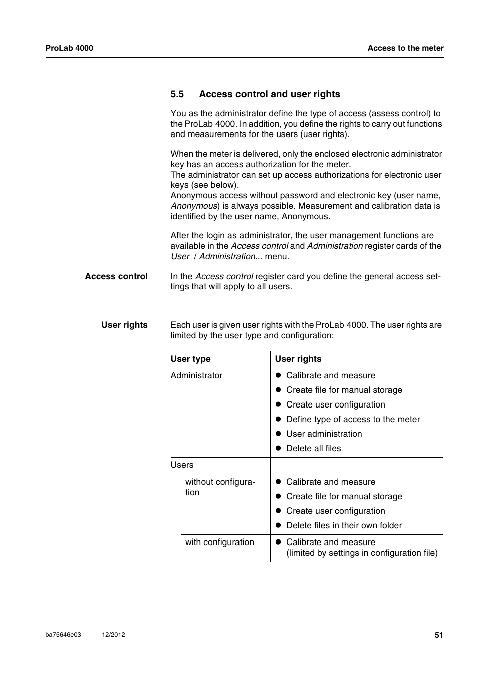 5 access control and user rights, Access control and user rights | Xylem ProLab 4000 User Manual | Page 51 / 228