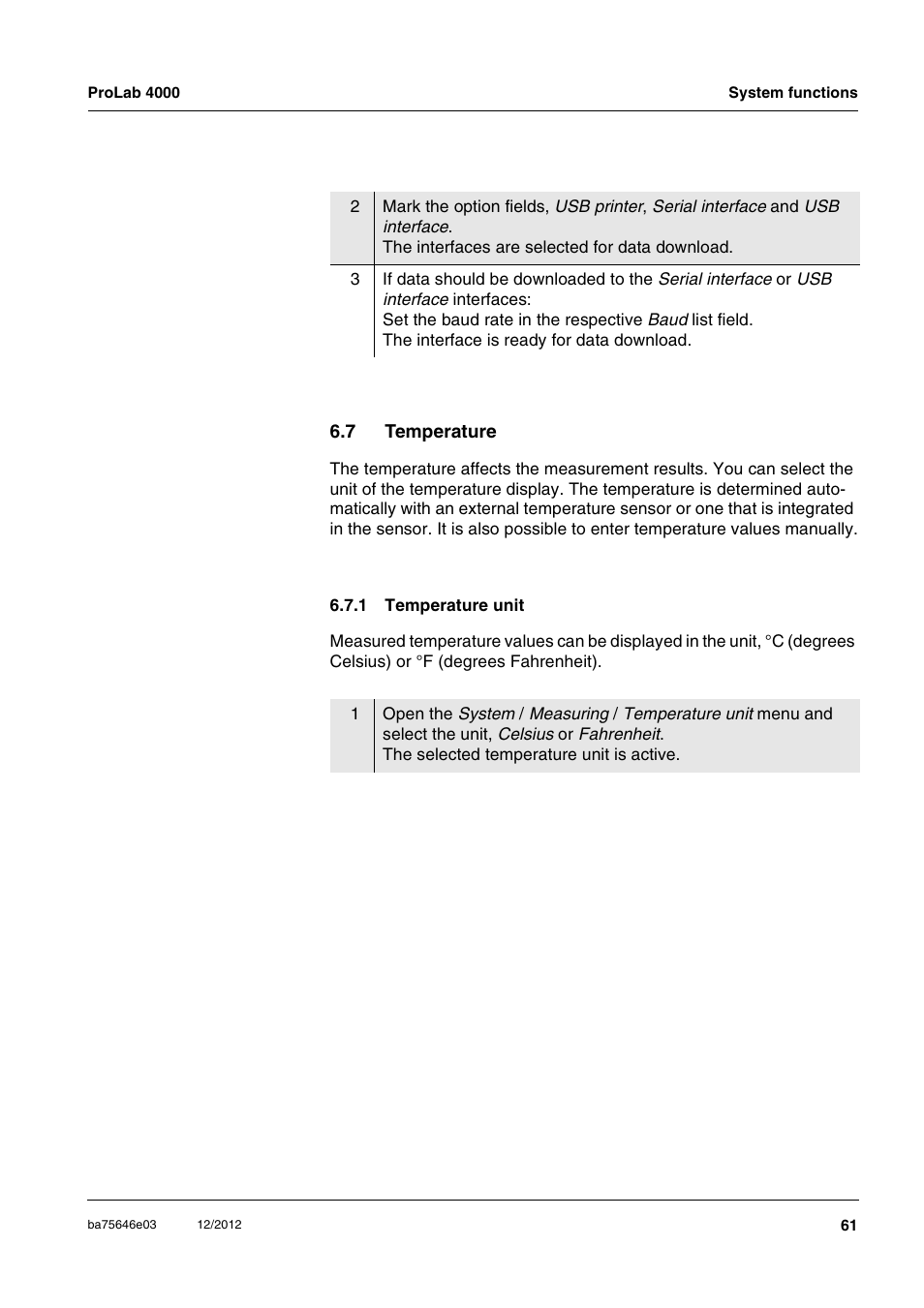 7 temperature, 1 temperature unit, Temperature 6.7.1 | Temperature unit | Xylem ProLab 4000 User Manual | Page 61 / 228