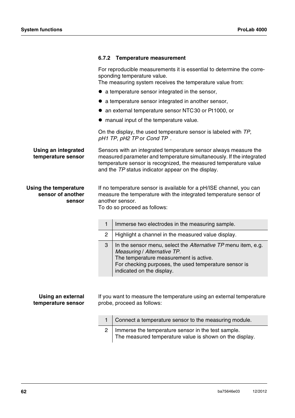 2 temperature measurement, Temperature measurement | Xylem ProLab 4000 User Manual | Page 62 / 228