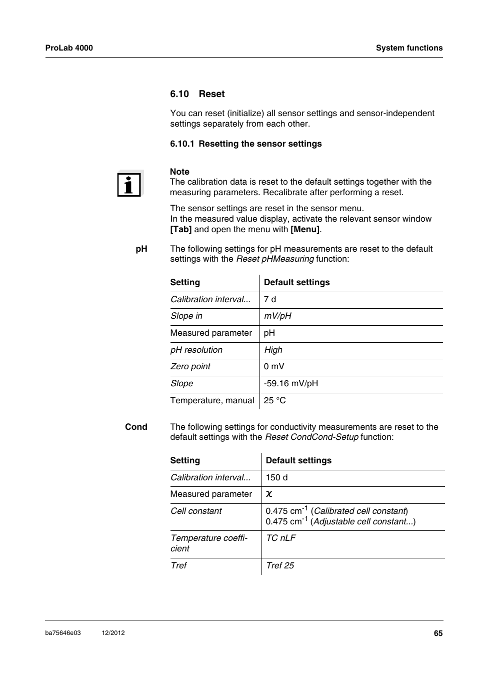 10 reset, 1 resetting the sensor settings | Xylem ProLab 4000 User Manual | Page 65 / 228