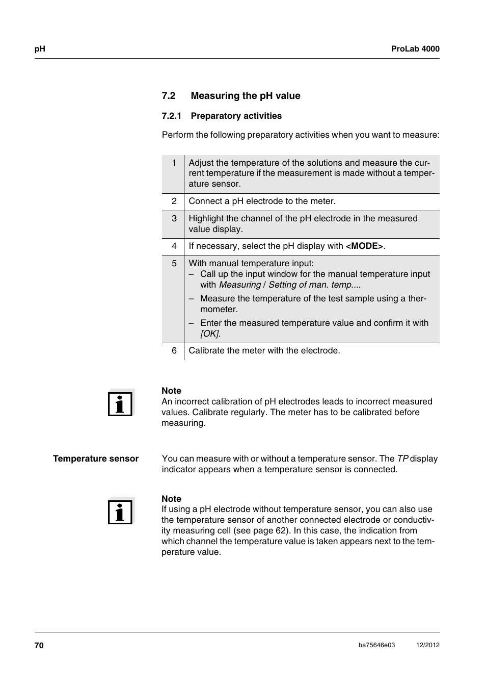 2 measuring the ph value, 1 preparatory activities, Measuring the ph value 7.2.1 | Preparatory activities | Xylem ProLab 4000 User Manual | Page 70 / 228