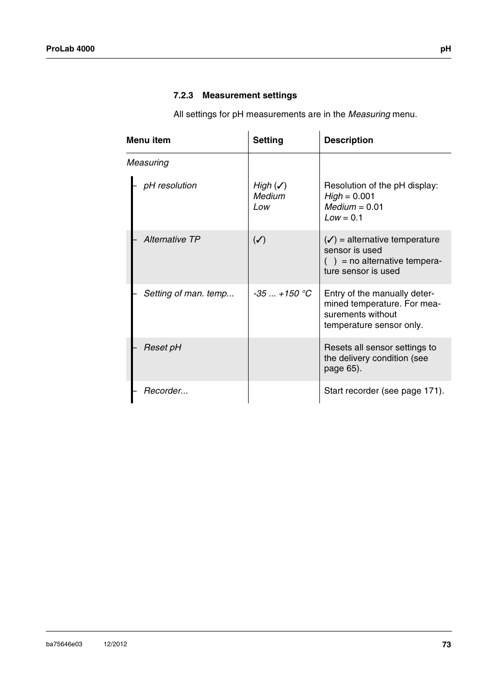 3 measurement settings, Measurement settings | Xylem ProLab 4000 User Manual | Page 73 / 228