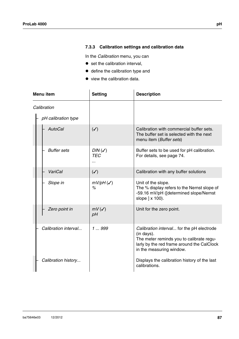 3 calibration settings and calibration data, Calibration settings and calibration data | Xylem ProLab 4000 User Manual | Page 87 / 228