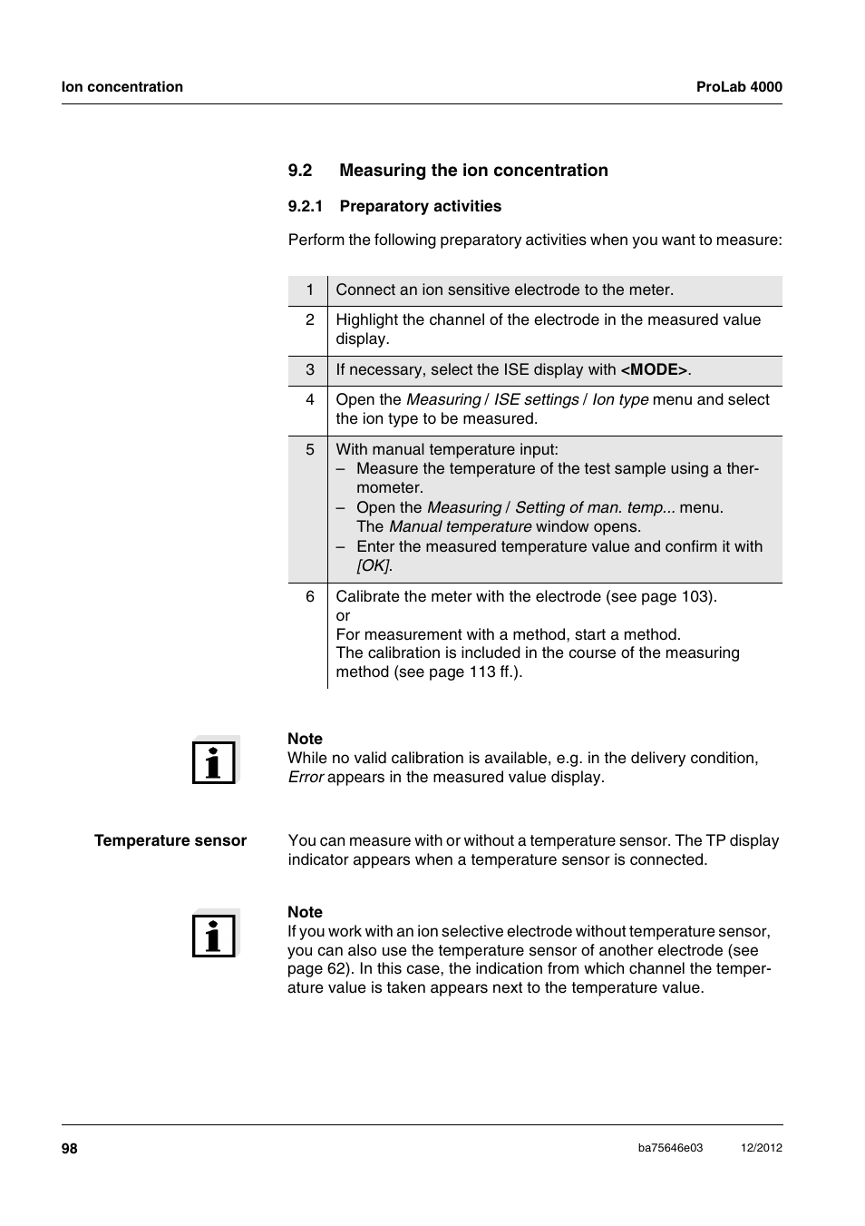 2 measuring the ion concentration, 1 preparatory activities, Measuring the ion concentration 9.2.1 | Preparatory activities | Xylem ProLab 4000 User Manual | Page 98 / 228