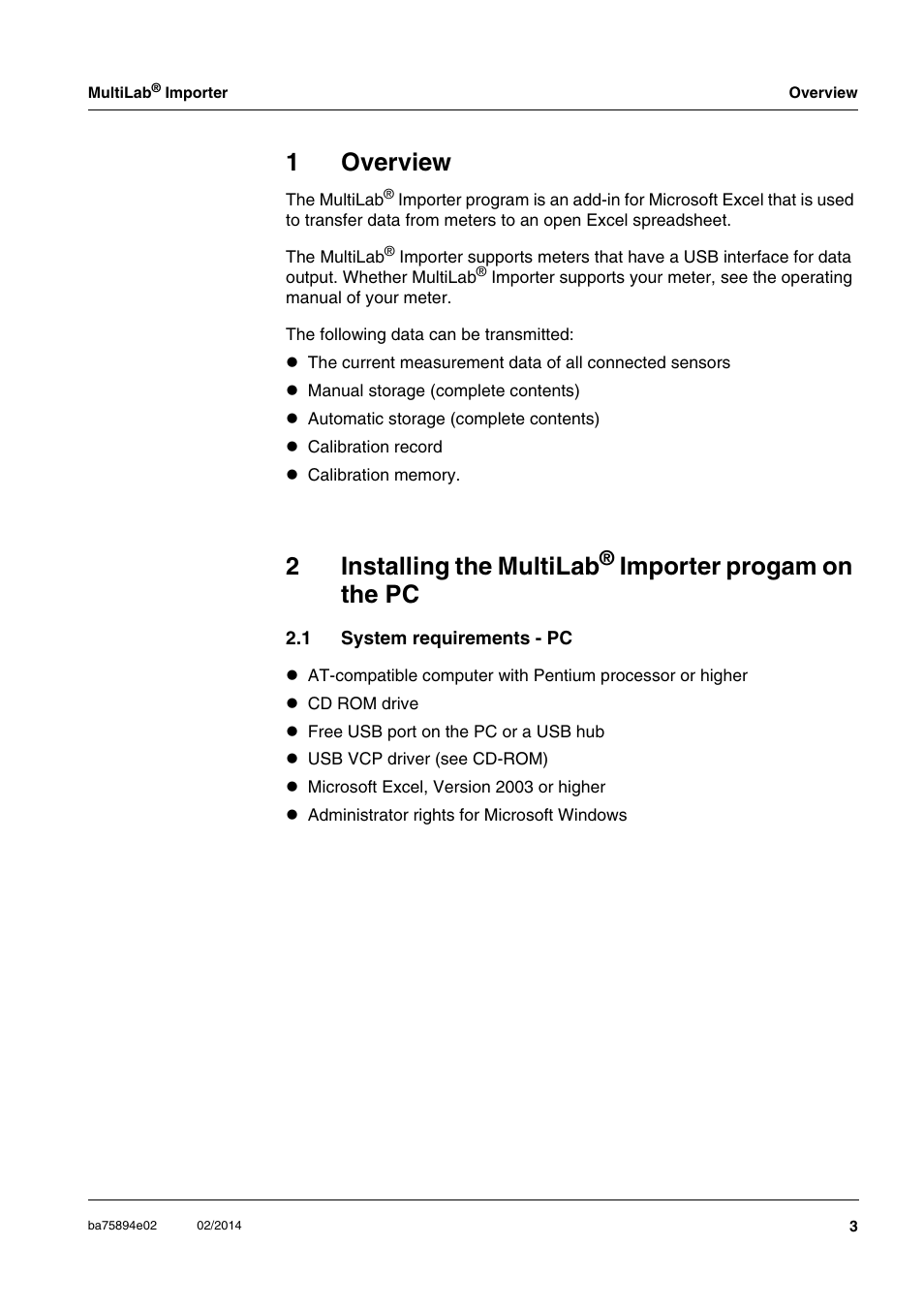 1 overview, 1 system requirements - pc, 1overview | 2installing the multilab, Importer progam on the pc | Xylem HL MKII MultiLab Importer User Manual | Page 3 / 6