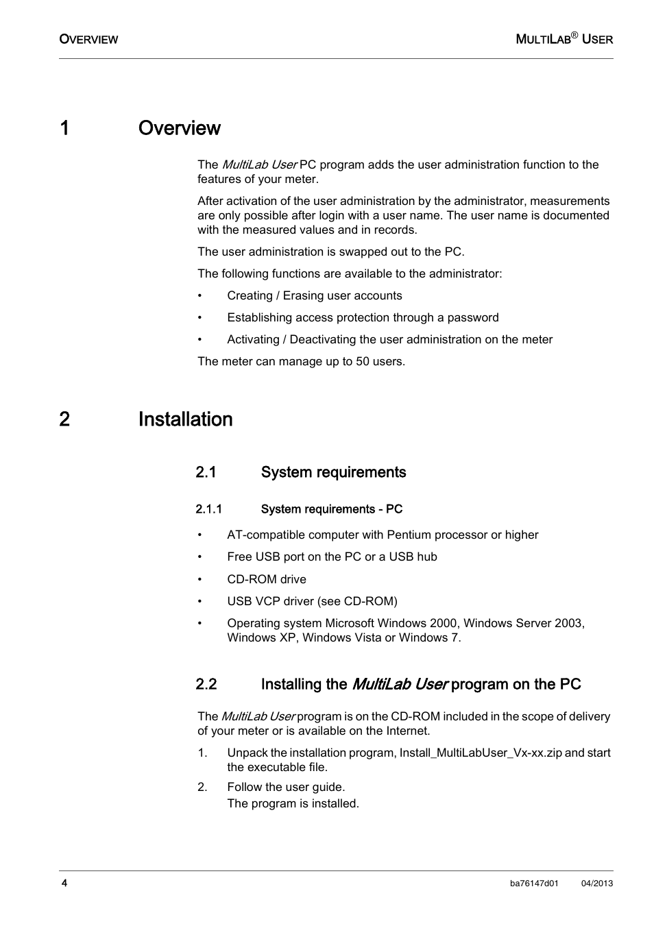 Multilab user, 1 overview, 2 installation | 1 system requirements, 1 system requirements - pc, 2 installing the multilab user program on the pc, Follow the user guide, System requirements, Installing the, 1overview | Xylem HL MKII MultiLab User User Manual | Page 4 / 8