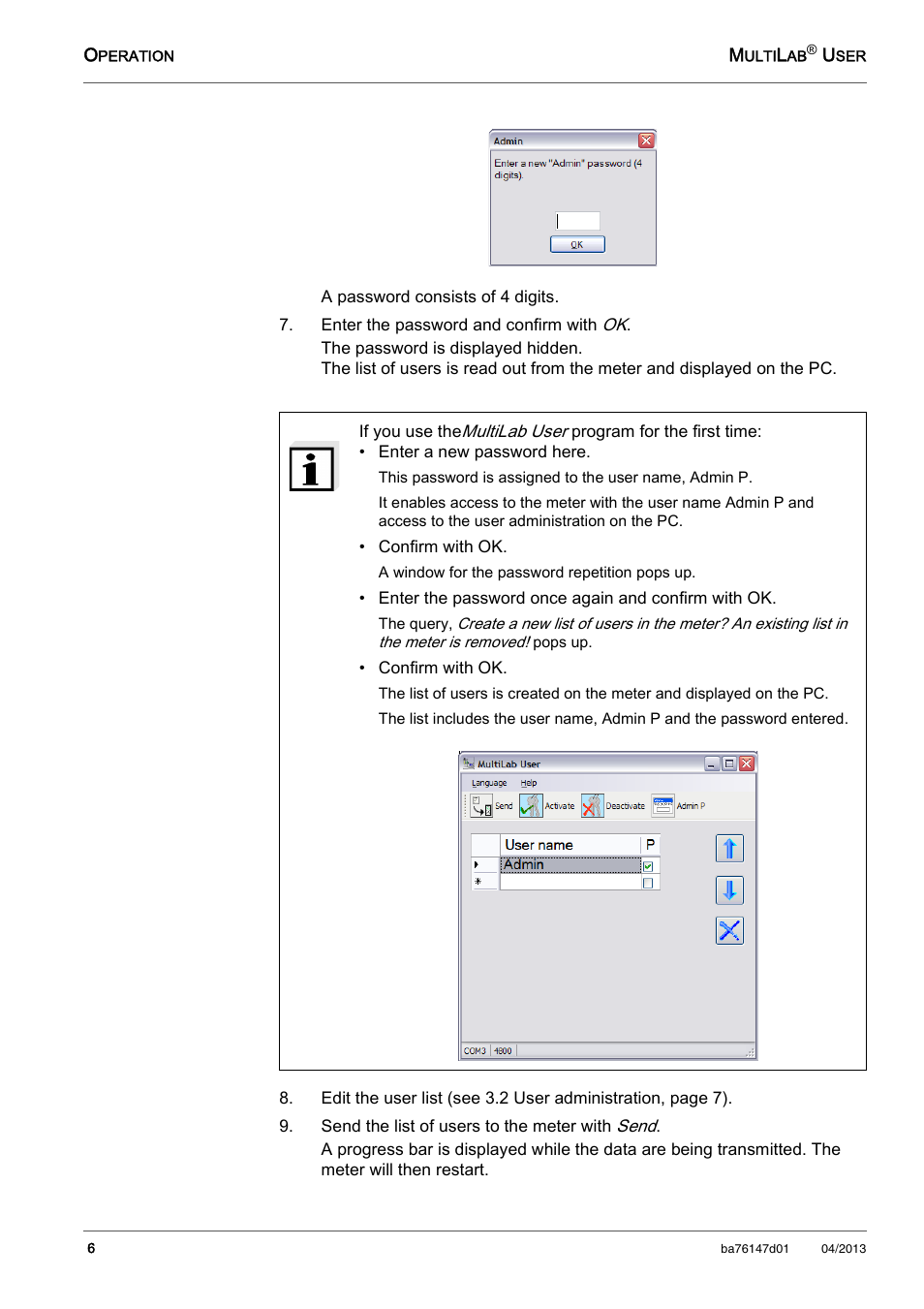 Enter the password and confirm with ok, Send the list of users to the meter with send | Xylem HL MKII MultiLab User User Manual | Page 6 / 8