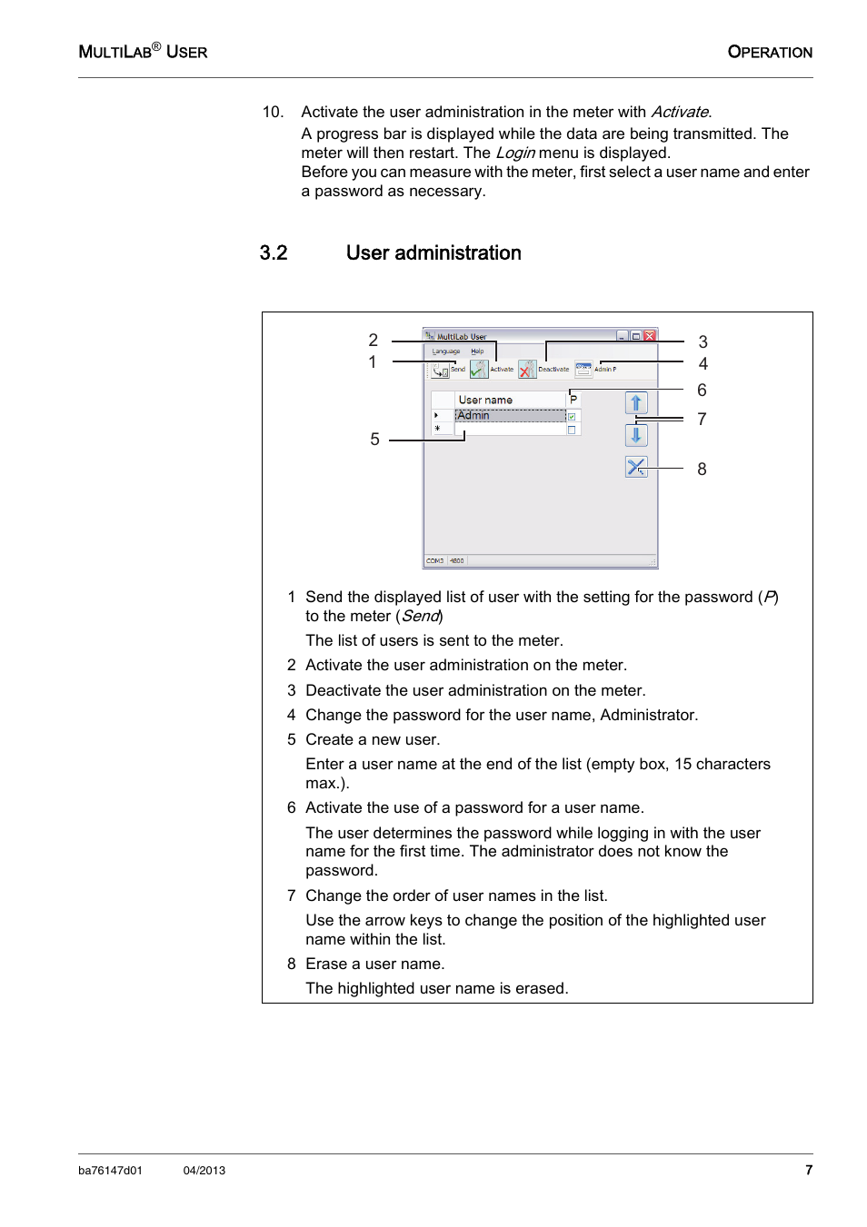 2 user administration, 2 activate the user administration on the meter, 3 deactivate the user administration on the meter | 5 create a new user, 6 activate the use of a password for a user name, 7 change the order of user names in the list, 8 erase a user name, User administration | Xylem HL MKII MultiLab User User Manual | Page 7 / 8