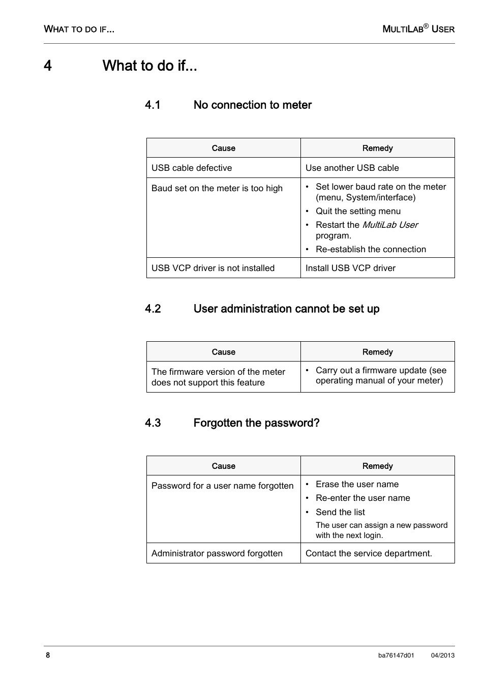 4 what to do if, 1 no connection to meter, 2 user administration cannot be set up | 3 forgotten the password, No connection to meter, User administration cannot be set up, Forgotten the password, 4what to do if | Xylem HL MKII MultiLab User User Manual | Page 8 / 8