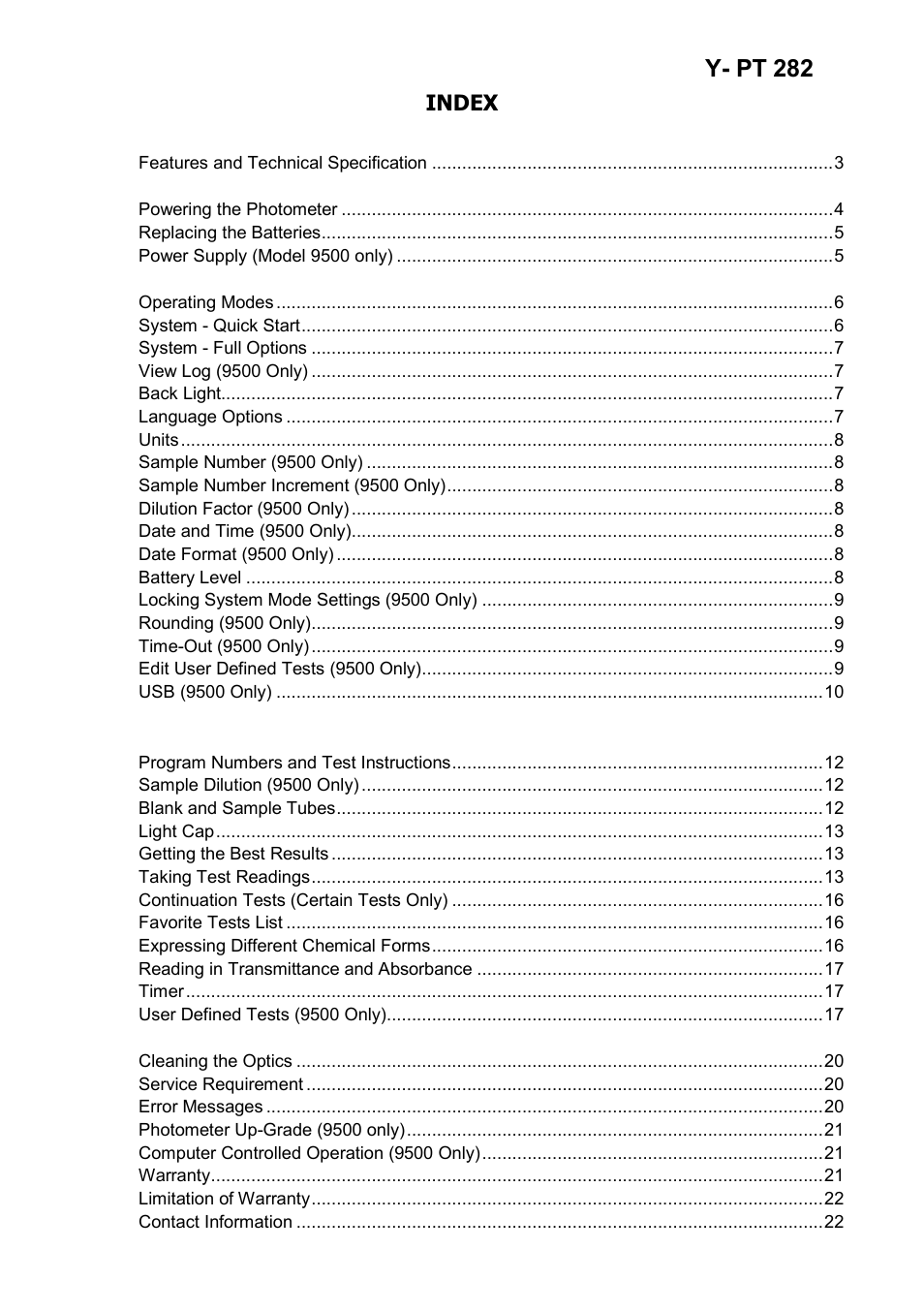 Y- pt 282 | YSI 9300 Photometer User Manual | Page 3 / 143