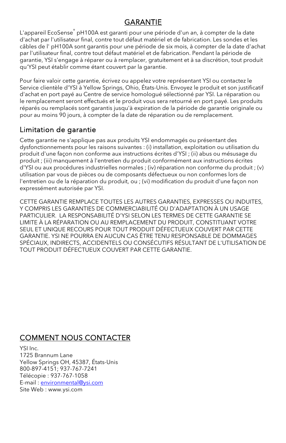 Garantie, Limitation de garantie, Comment nous contacter | YSI pH100A User Manual | Page 11 / 40