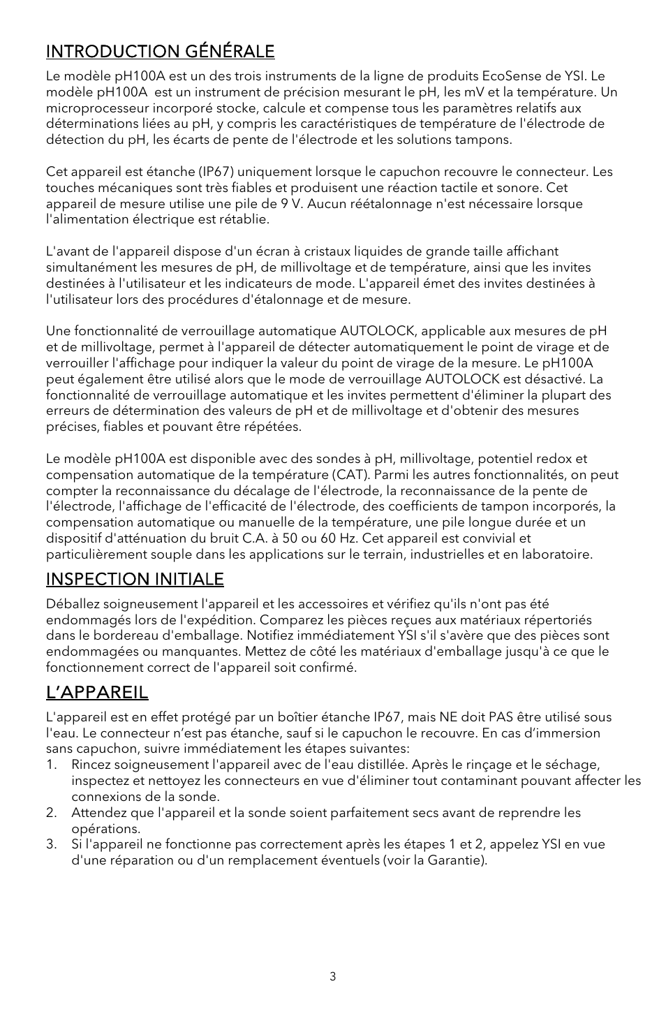 Introduction générale, Inspection initiale, L’appareil | YSI pH100A User Manual | Page 13 / 40