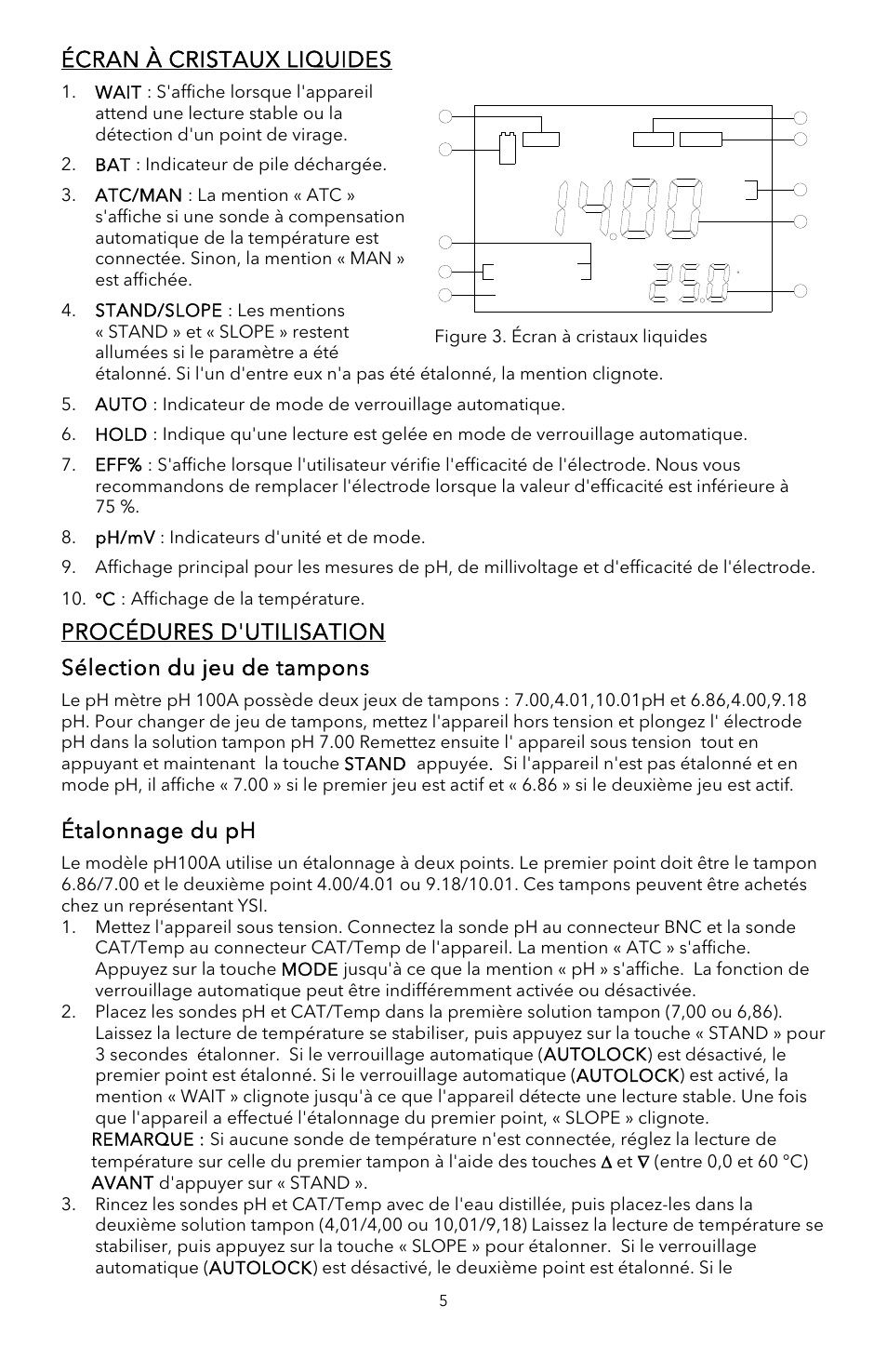 Écran à cristaux liquides, Étalonnage du ph | YSI pH100A User Manual | Page 15 / 40