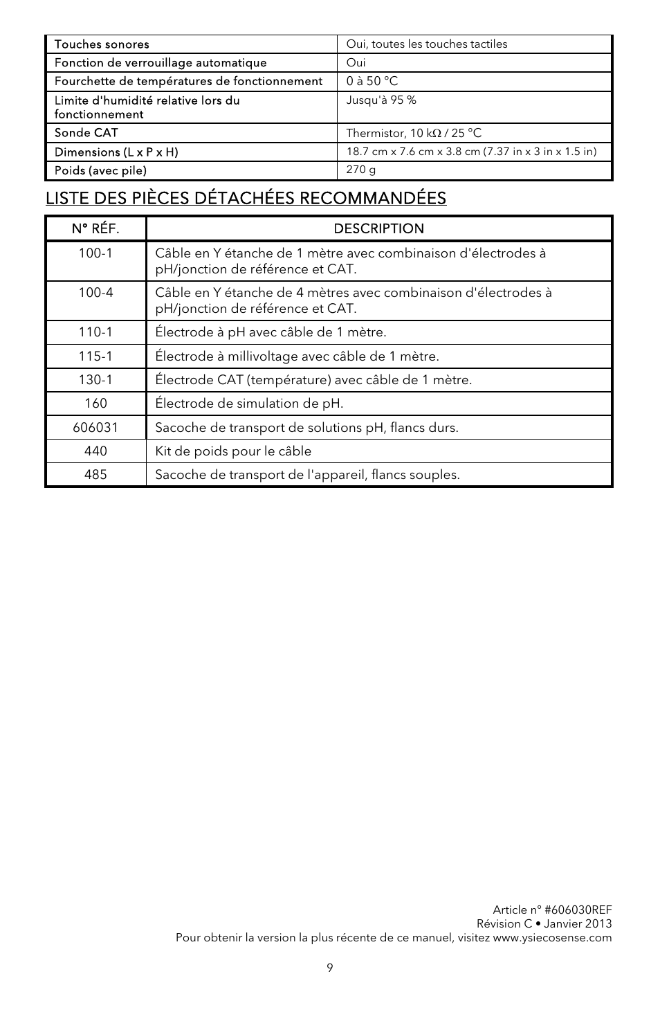 Liste des pièces détachées recommandées | YSI pH100A User Manual | Page 19 / 40