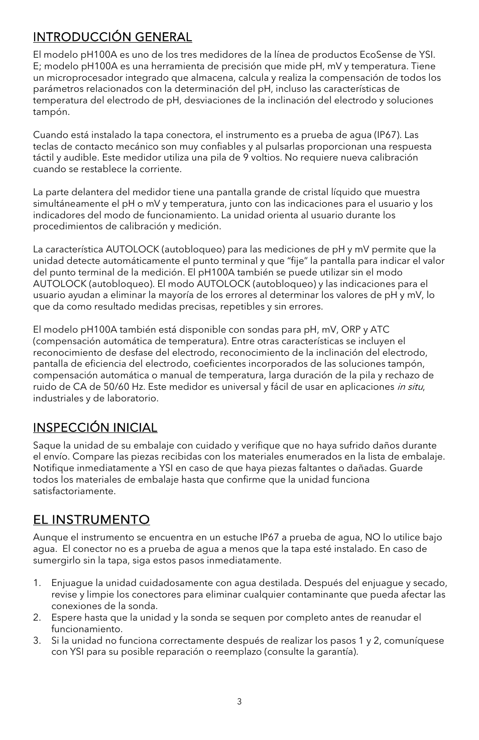 Introducción general, Inspección inicial, El instrumento | YSI pH100A User Manual | Page 22 / 40