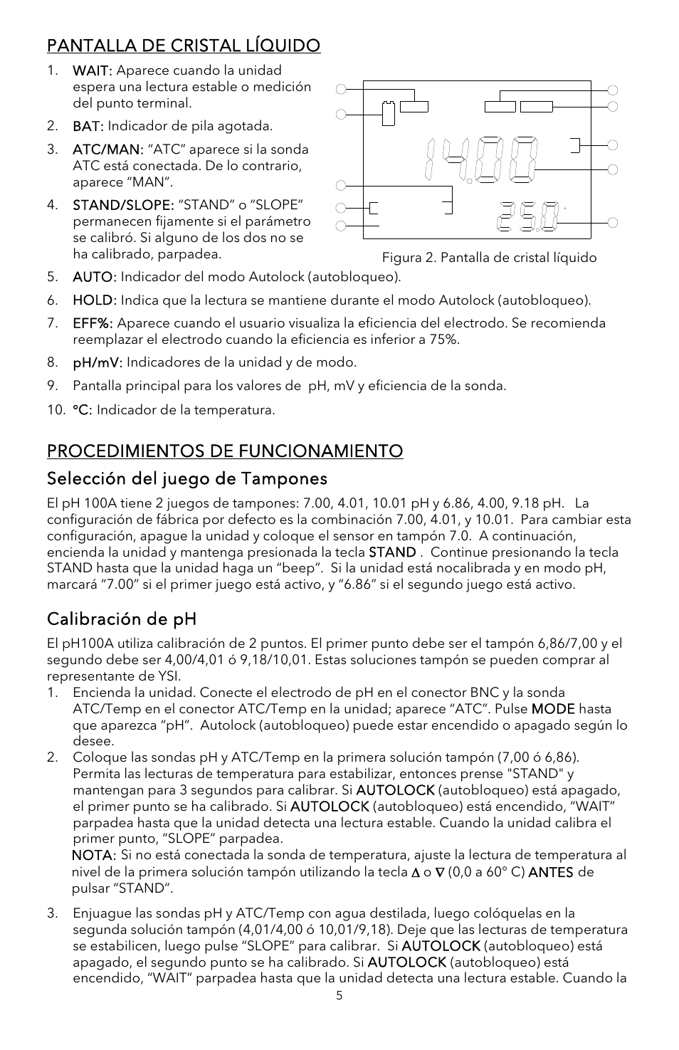Pantalla de cristal líquido, Calibración de ph | YSI pH100A User Manual | Page 24 / 40
