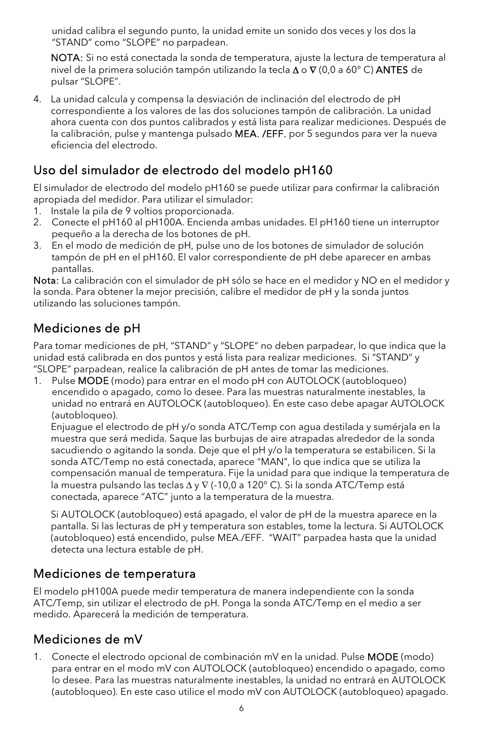 Uso del simulador de electrodo del modelo ph160, Mediciones de ph, Mediciones de temperatura | Mediciones de mv | YSI pH100A User Manual | Page 25 / 40