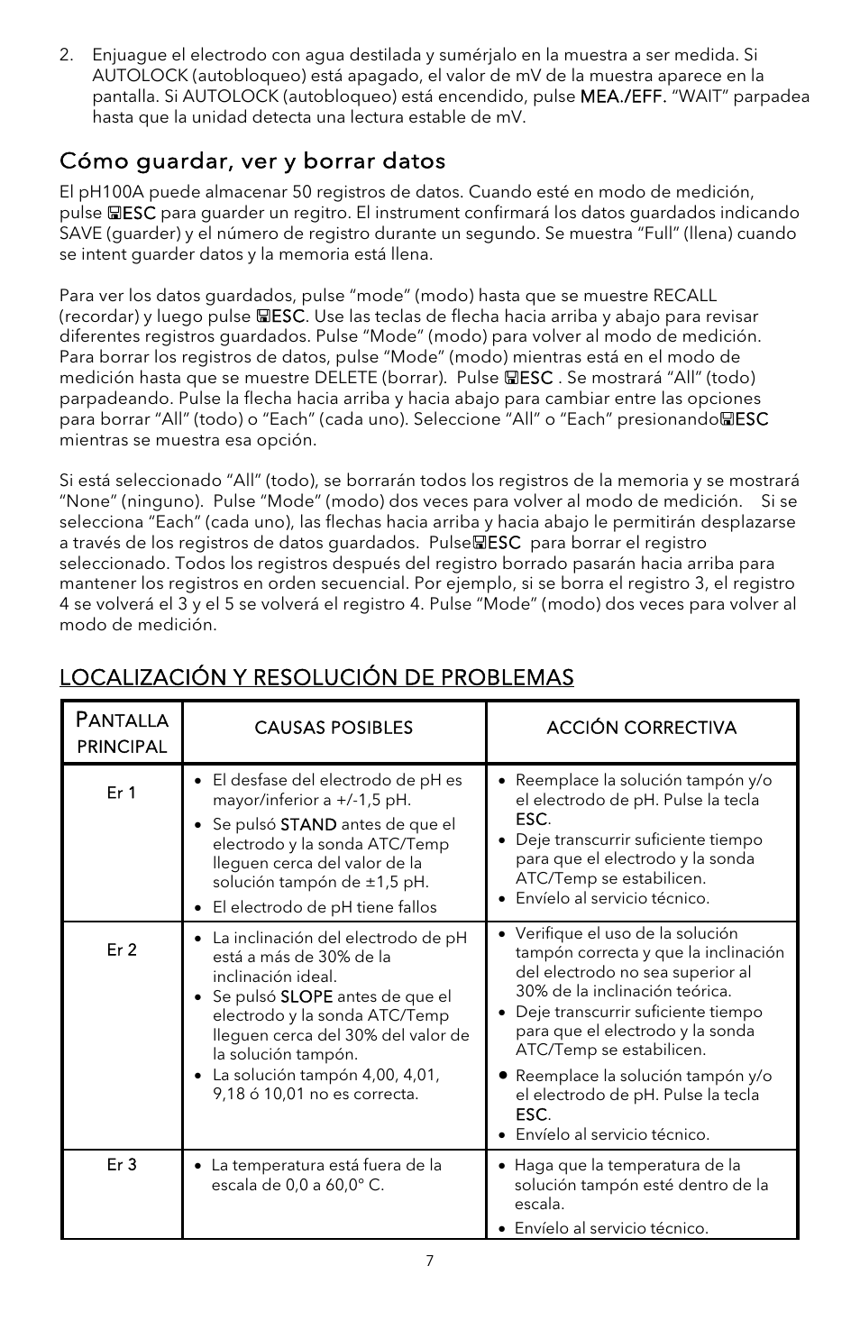 Cómo guardar, ver y borrar datos, Localización y resolución de problemas p | YSI pH100A User Manual | Page 26 / 40