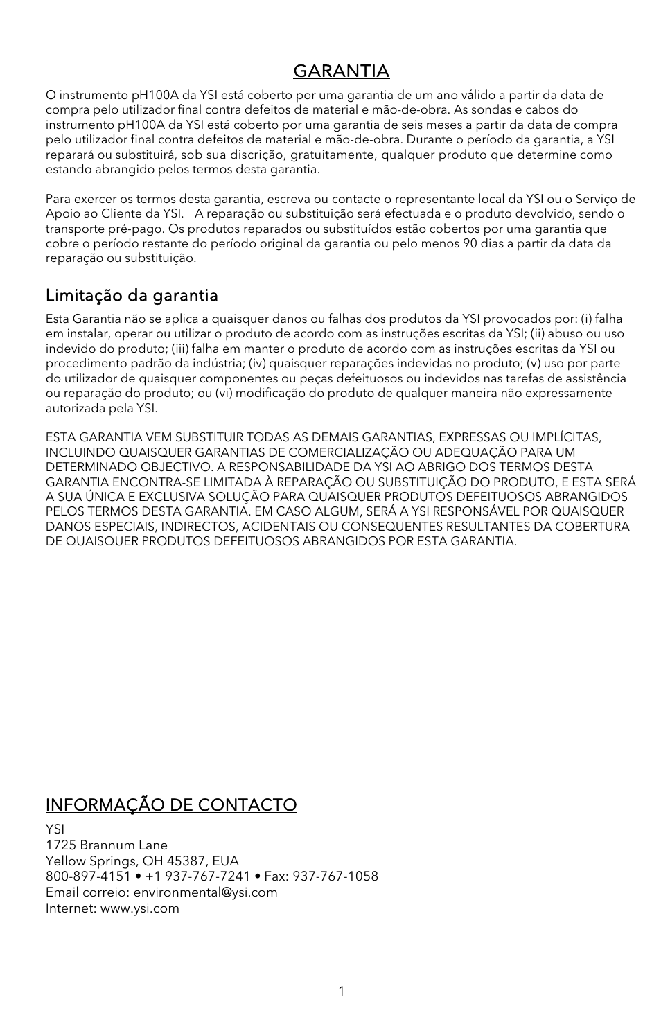 Garantia, Limitação da garantia, Informação de contacto | YSI pH100A User Manual | Page 29 / 40