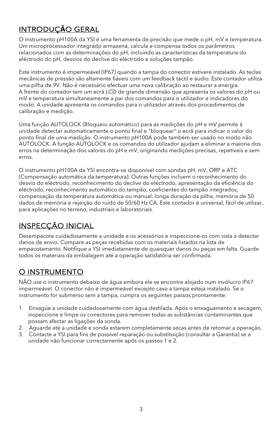 Introduç ã o geral, Inspecção inicial, O instrumento | YSI pH100A User Manual | Page 31 / 40
